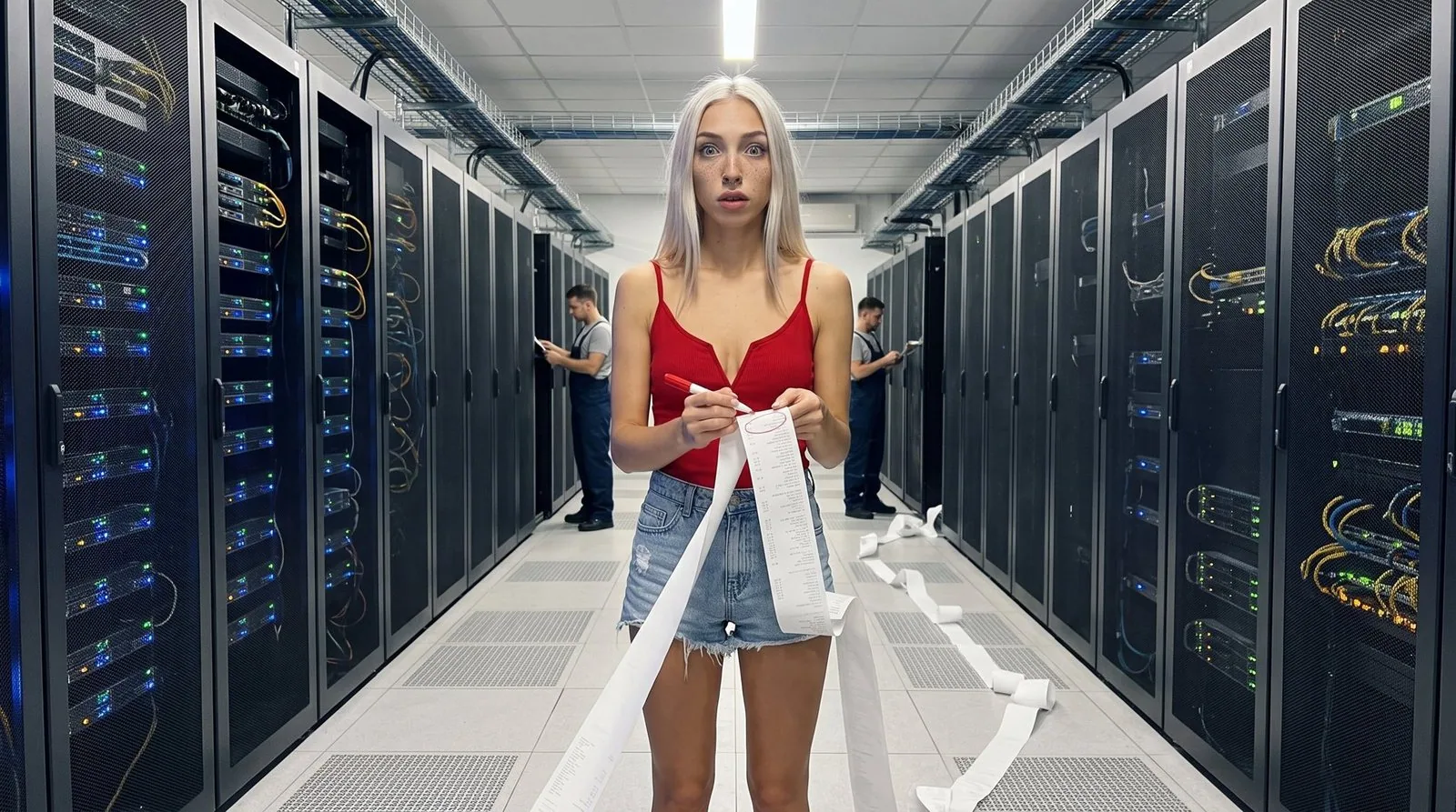 Photo mise en scène : Kira, dans l'allée d'un data center entre deux rangées de serveurs, tient un ticket de caisse interminable qui déroule jusqu'au sol et entoure le total au feutre rouge, les yeux écarquillés (image générée).