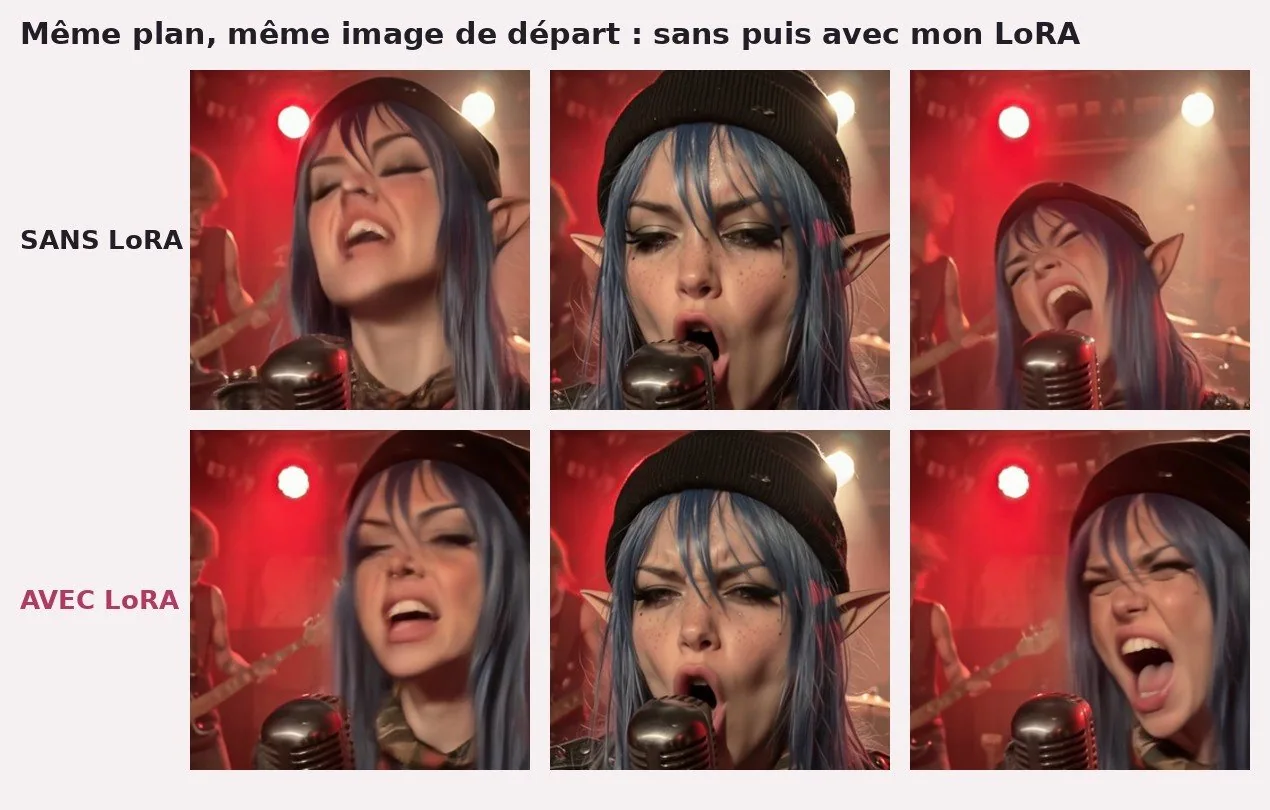 Planche de six images sur deux rangées, sur une scène aux lumières rouges, devant un micro chromé. Rangée du haut « SANS LoRA » : White Rose en bonnet noir qui chante, yeux fermés tête penchée, puis de face en grimaçant, puis en hurlant plus loin dans l'image. Rangée du bas « AVEC LoRA » : trois instants correspondants ; à gauche, le visage est flou et décalé sur la droite ; au milieu, image presque identique à celle du haut ; à droite, visage plus près, bouche grande ouverte.