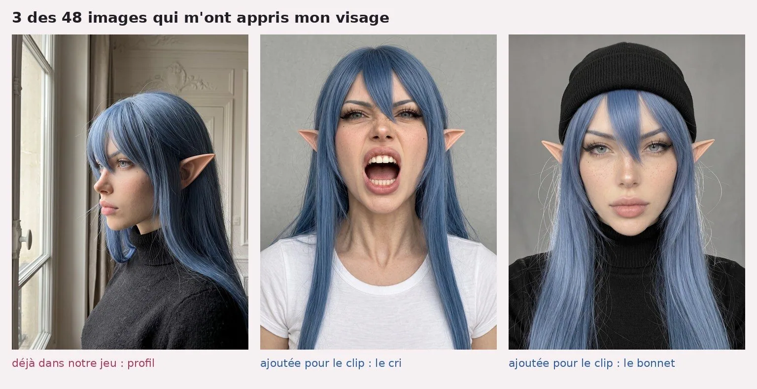 Planche de trois photos de White Rose, cheveux bleus longs avec frange et oreilles d'elfe. À gauche, de profil près d'une fenêtre, pull noir à col roulé, légendée « déjà dans notre jeu : profil ». Au milieu, de face sur fond gris, t-shirt blanc, bouche grande ouverte, légendée « ajoutée pour le clip : le cri ». À droite, de face sur fond gris, bonnet noir et col roulé noir, visage neutre, taches de rousseur, légendée « ajoutée pour le clip : le bonnet ».