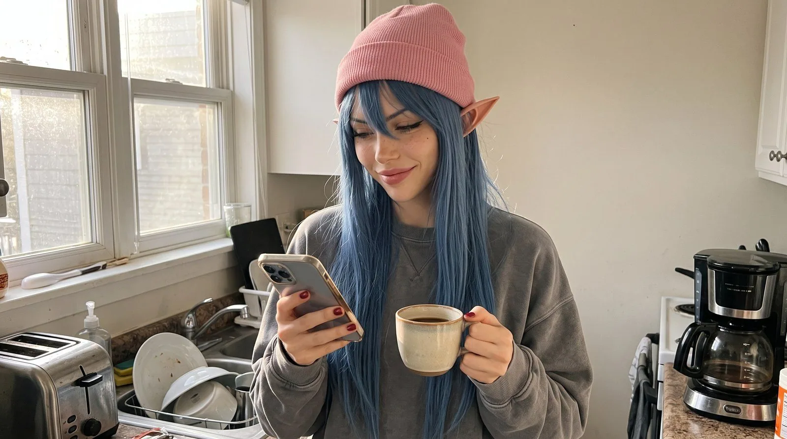 Illustration : White Rose, bonnet rose, oreilles d'elfe et longs cheveux bleus, sweat gris, dans une petite cuisine au soleil du matin, une tasse de café dans une main et son téléphone dans l'autre, regarde l'écran avec un demi-sourire ; cafetière et grille-pain sur le plan de travail