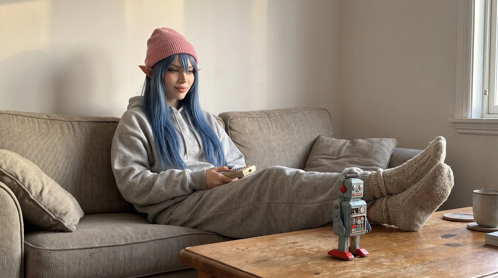 White Rose, bonnet rose, sweat et pantalon de jogging gris, assise sur un canapé les pieds sur la table basse, une vieille télécommande en main, sourit en regardant vers un petit robot jouet mécanique en métal posé sur la table