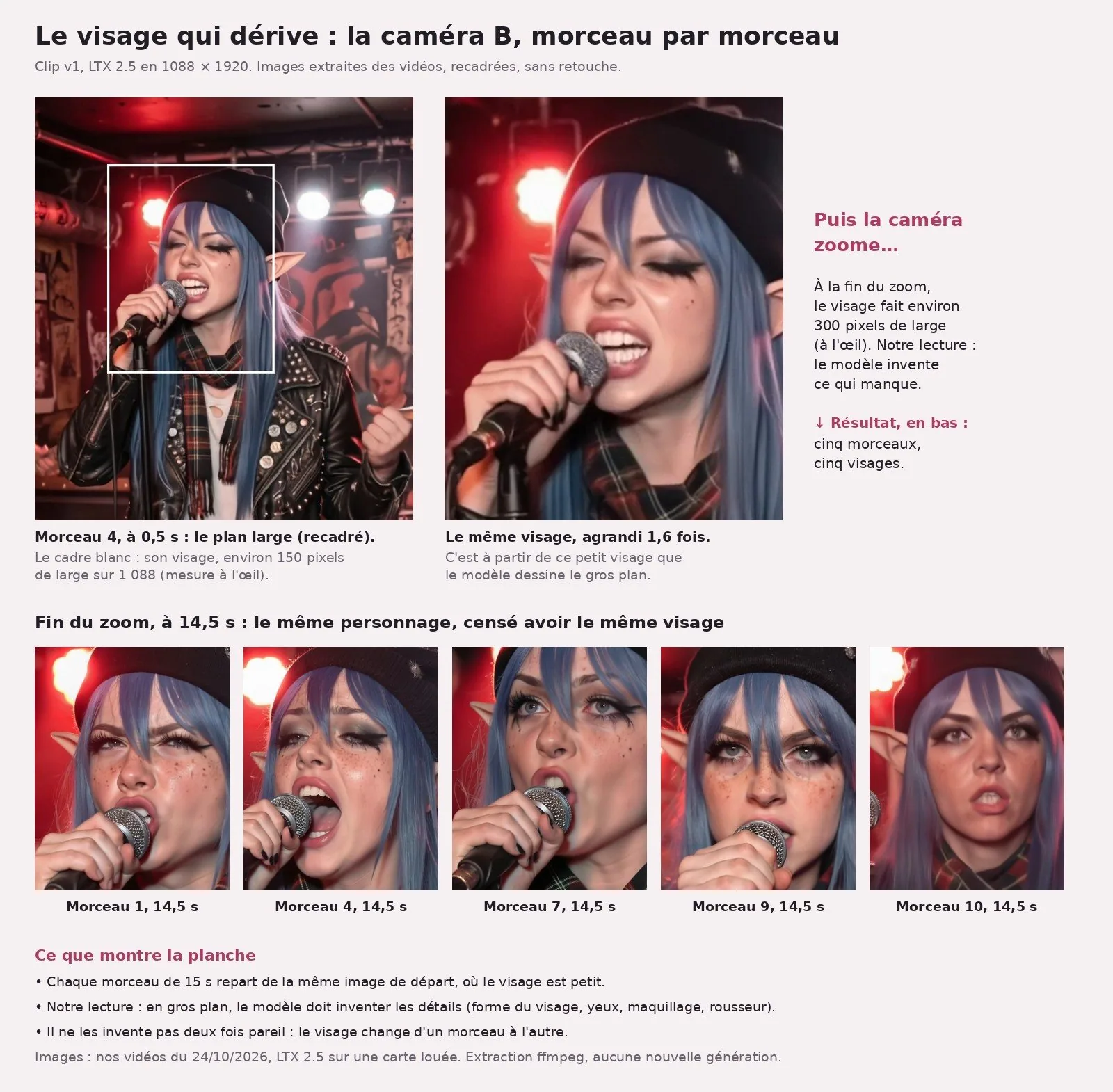 Planche sur fond rose pâle, titrée « Le visage qui dérive : la caméra B, morceau par morceau ». En haut à gauche, un plan sur scène recadré : White Rose, cheveux bleus, oreilles d'elfe, bonnet noir, veste de cuir cloutée et foulard écossais, chante dans un micro, yeux fermés ; un cadre blanc entoure son visage. À côté, ce visage agrandi, plus flou. En bas, cinq gros plans pris à 14,5 s dans les morceaux 1, 4, 7, 9 et 10 : même bonnet, mêmes cheveux bleus et oreilles d'elfe, mais des visages qui ne se ressemblent pas tout à fait, avec des taches de rousseur plus ou moins marquées, un maquillage des yeux et une forme du visage qui changent ; sur le dernier, le visage paraît plus âgé, la bouche entrouverte.