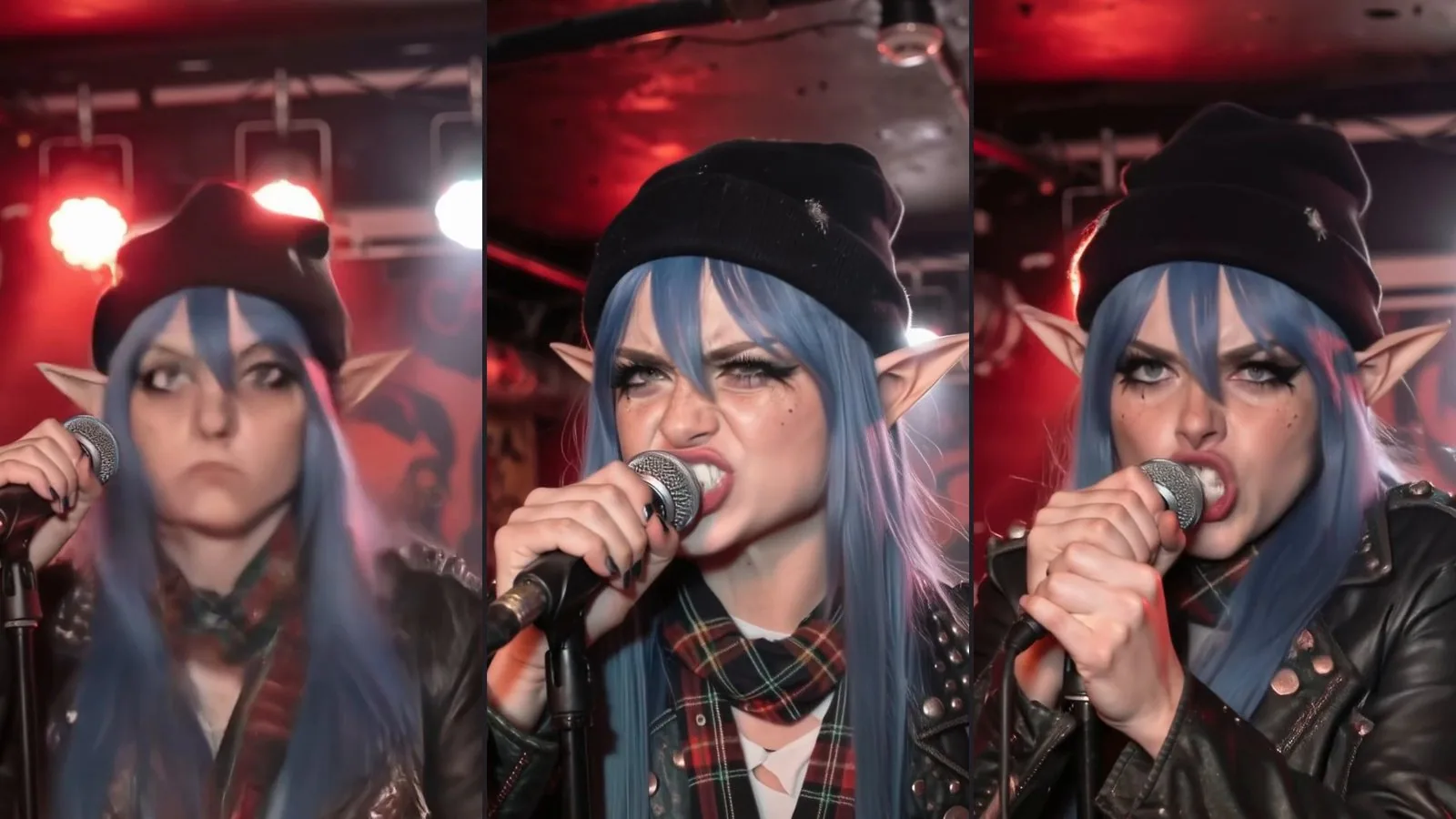 Trois images du clip, recadrées sur le visage : à gauche, White Rose tirée d'un plan plus large, la bouche fermée, le visage flou et moins ressemblant ; au centre et à droite, deux plans plus serrés où elle chante au micro, bonnet noir, perfecto clouté et écharpe écossaise