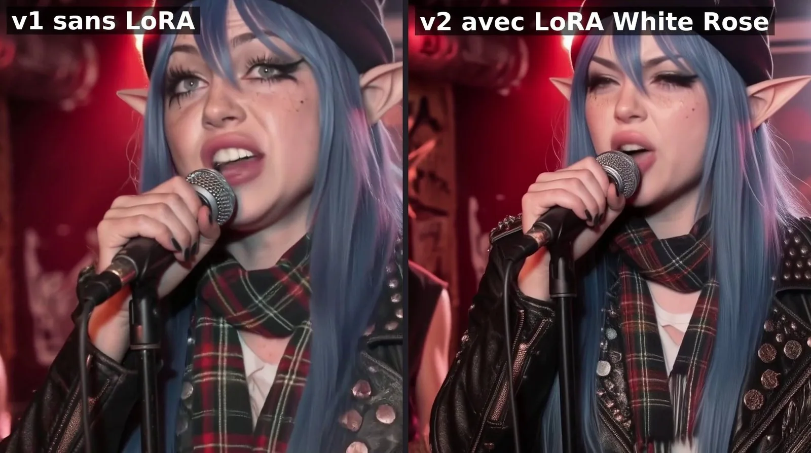 Deux images côte à côte de White Rose qui chante au micro, bonnet noir, écharpe écossaise et perfecto clouté : à gauche étiquetée « v1 sans LoRA », à droite « v2 avec LoRA White Rose »