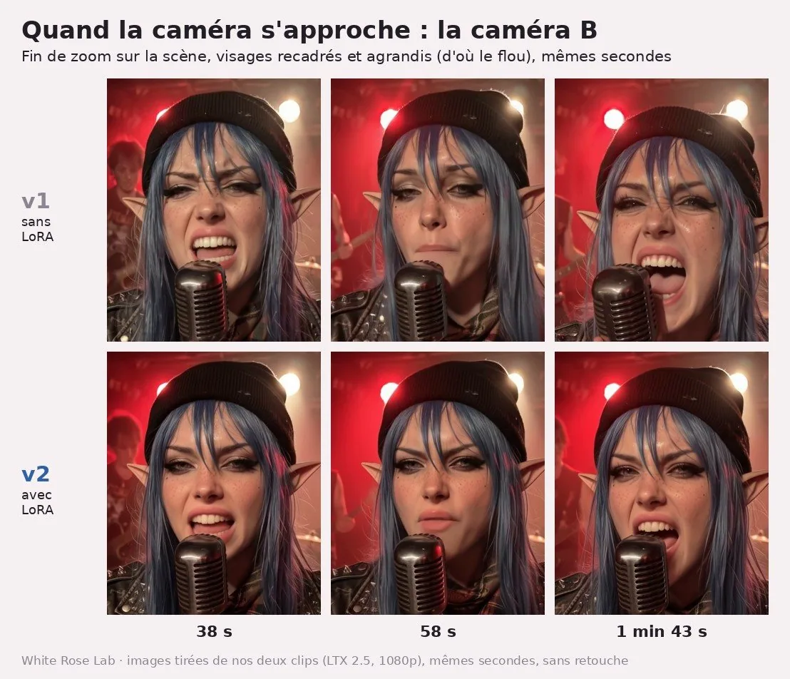 Planche titrée « Quand la caméra s'approche : la caméra B ». Trois colonnes (38 s, 58 s, 1 min 43 s), en haut v1, en bas v2 : White Rose au micro sur pied, bonnet noir, cheveux bleus, oreilles d'elfe, un guitariste flou et des projecteurs rouges derrière. Visages agrandis, un peu flous. En v1, les yeux sont plus brouillés et le visage plus large par moments ; en v2, le regard est plus net, l'eye-liner plus marqué.