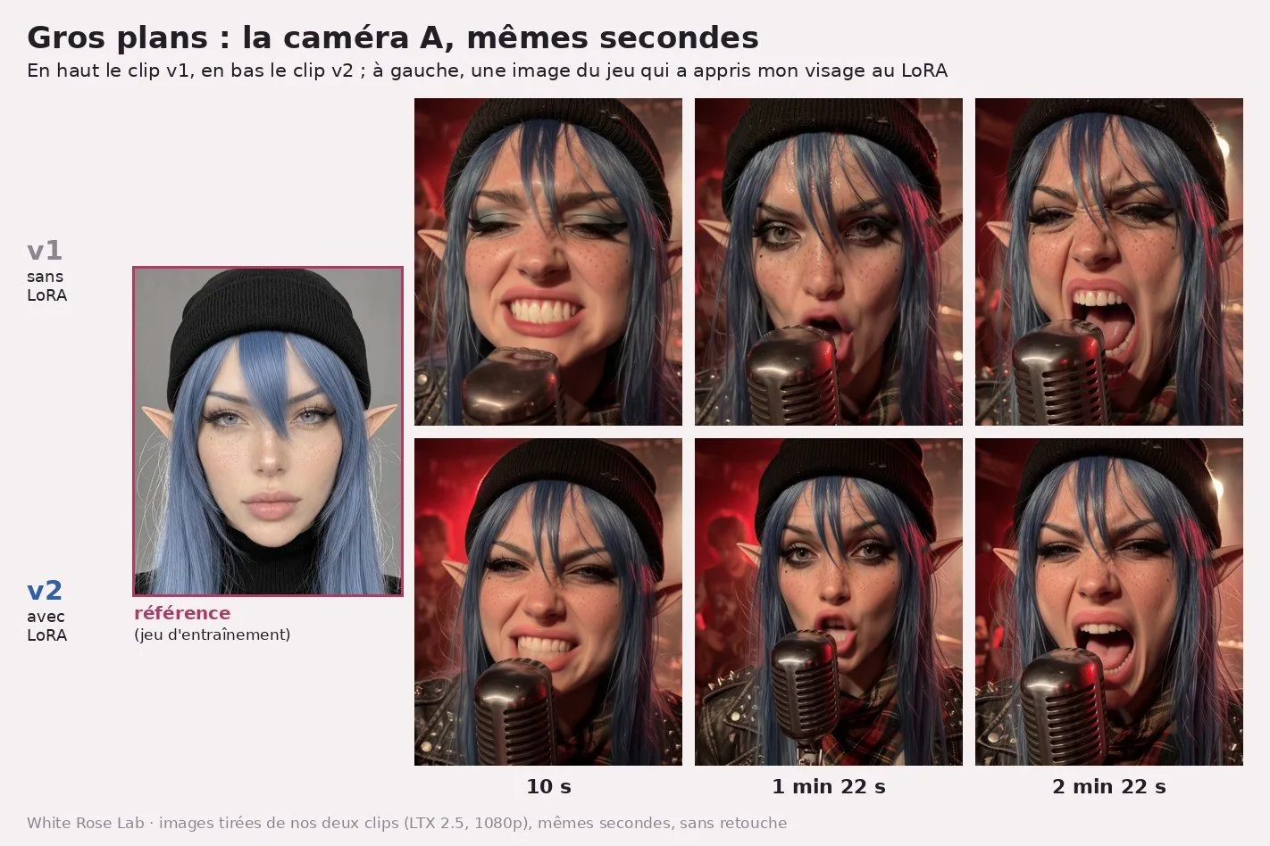 Planche sur fond rose pâle, titrée « Gros plans : la caméra A, mêmes secondes ». À gauche, encadrée, l'image de référence : White Rose de face sur fond gris, bonnet noir, cheveux bleus, oreilles d'elfe, yeux clairs, eye-liner fin, taches de rousseur légères. À droite, trois colonnes (10 s, 1 min 22 s, 2 min 22 s) : en haut le clip v1, en bas le clip v2, visage recadré au-dessus d'un micro chromé, bonnet noir, lumières rouges. En v1, le maquillage des yeux est plus étalé ; en v2, le trait d'eye-liner est plus net et les sourcils plus dessinés. À 1 min 22 s, les deux images se ressemblent presque.