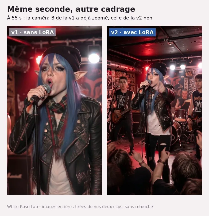 Deux images entières côte à côte, titrées « Même seconde, autre cadrage ». À gauche, étiquette « v1 · sans LoRA » : White Rose en plan rapproché, micro à la main, bouche ouverte, veste de cuir et écharpe écossaise. À droite, étiquette « v2 · avec LoRA » : la même scène en plan large, White Rose au micro au milieu du groupe, guitariste à gauche, batteur et bassiste à droite, des mains levées dans le public au premier plan.