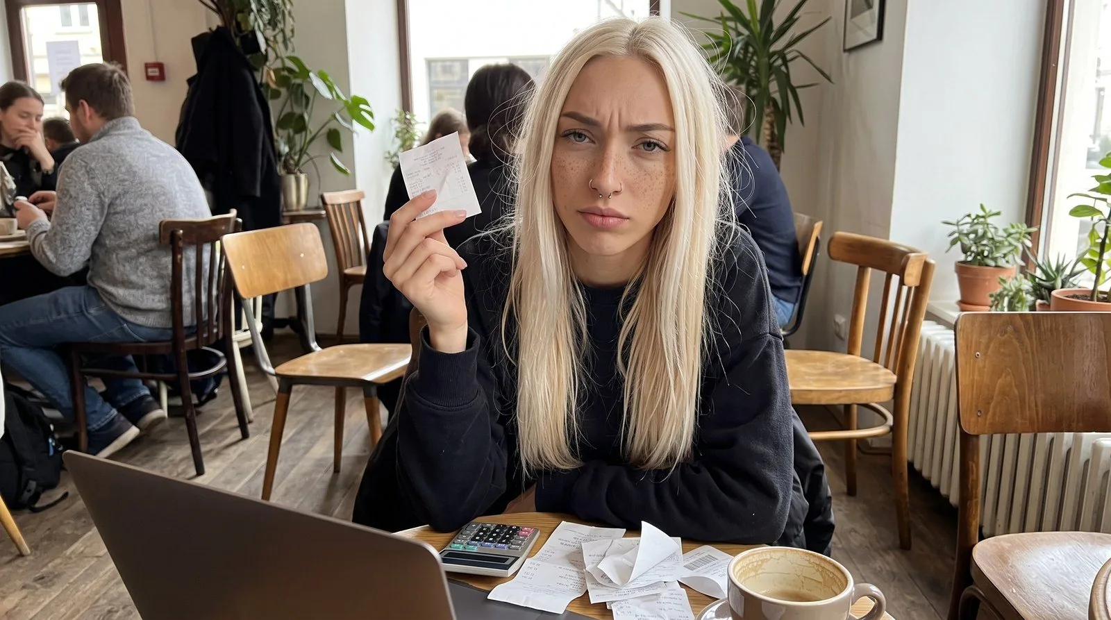 Illustration : Kira, longs cheveux blond platine, taches de rousseur, anneau au nez, sweat noir, assise à une table de café, brandit un ticket de caisse entre deux doigts et fixe l'objectif en fronçant les sourcils ; devant elle, une calculatrice, des tickets froissés, un café et un ordinateur portable vu de dos
