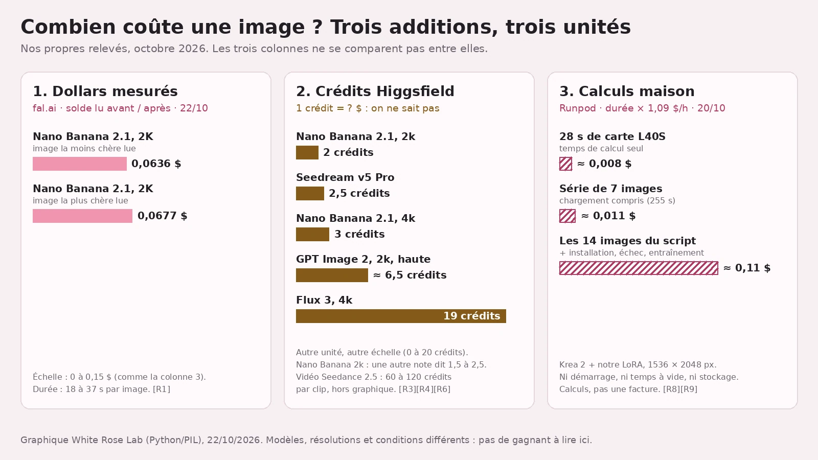 Graphique en trois colonnes sur fond rose pâle, titré « Combien coûte une image ? Trois additions, trois unités ». Colonne 1, « Dollars mesurés », fal.ai : deux barres roses, Nano Banana 2.1 en 2K, 0,0636 $ et 0,0677 $. Colonne 2, « Crédits Higgsfield », avec la mention « 1 crédit = ? $ : on ne sait pas » : barres dorées, Nano Banana 2.1 2k 2 crédits, Seedream v5 Pro 2,5, Nano Banana 2.1 4k 3, GPT Image 2 2k haute environ 6,5, Flux 3 4k 19 ; notes : une autre note donne 1,5 à 2,5 crédits pour Nano Banana 2k, et vidéo Seedance 2.5, 60 à 120 crédits par clip, hors graphique. Colonne 3, « Calculs maison », Runpod : barres hachurées, environ 0,008 $ (28 s de carte L40S), environ 0,011 $ (série de 7 images, chargement compris), environ 0,11 $ (les 14 images du script, installation, échec et entraînement compris) ; note : ni démarrage, ni temps à vide, ni stockage. En bas : modèles, résolutions et conditions différents, pas de gagnant à lire ici.
