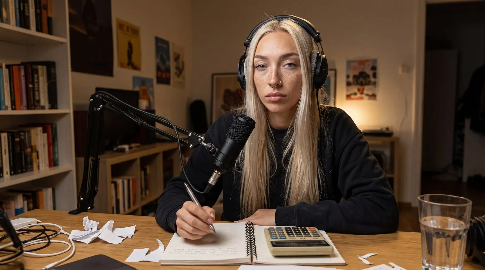 Illustration : Kira, longs cheveux blond platine, taches de rousseur, anneau au nez, casque audio sur les oreilles, assise à un bureau devant un micro de podcast sur bras articulé, stylo au-dessus d'un carnet, une calculatrice à côté ; bibliothèque et affiches au mur derrière elle