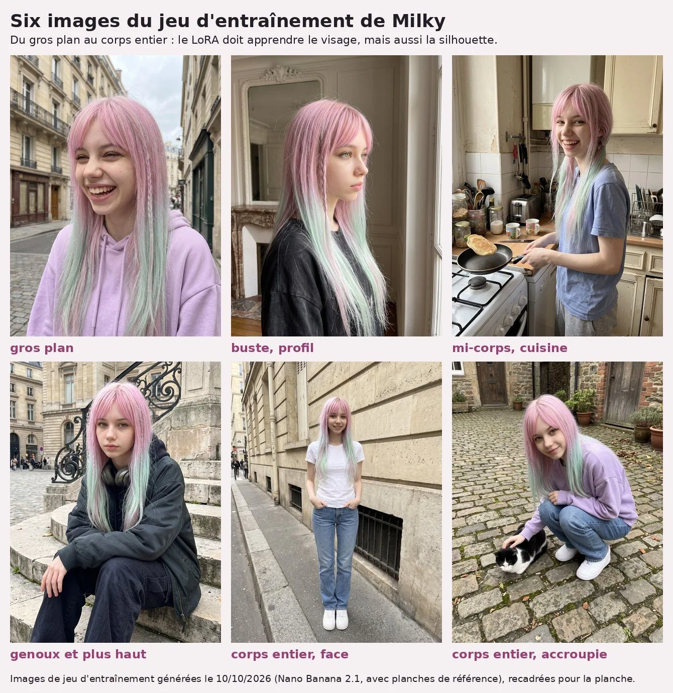 Planche titrée « Six images du jeu d'entraînement de Milky », sur fond rose pâle, deux rangées de trois photos de Milky, jeune femme aux longs cheveux rose pastel qui virent au vert menthe, avec une frange. En haut : gros plan en train de rire dans une rue parisienne, sweat à capuche lilas ; buste de profil, t-shirt noir, devant une cheminée en marbre ; mi-corps dans une petite cuisine, t-shirt bleu, une poêle à la main où saute une crêpe. En bas : assise sur des marches de pierre, veste sombre et casque autour du cou ; debout en pied sur un trottoir, t-shirt blanc, jean et baskets blanches ; accroupie sur des pavés pour caresser un chat noir et blanc, sweat lilas. Étiquettes en violet sous chaque photo : gros plan, buste profil, mi-corps cuisine, genoux et plus haut, corps entier face, corps entier accroupie.
