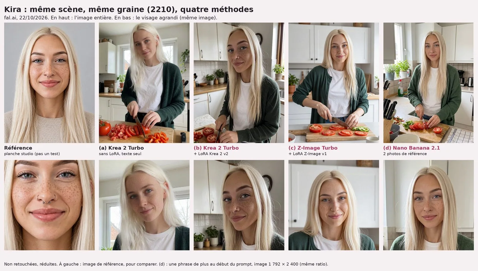 Planche titrée « Kira : même scène, même graine (2210), quatre méthodes ». Cinq colonnes. À gauche, « Référence » : portrait studio de Kira, longs cheveux blond platine, taches de rousseur denses, deux anneaux au nez. Puis quatre photos dans une cuisine blanche, la même jeune femme blonde en gilet vert foncé et t-shirt blanc coupant des tomates : (a) Krea 2 Turbo sans LoRA, cheveux presque blancs, taches de rousseur plus fines et plus claires que sur la référence, aucun anneau au nez ; (b) Krea 2 Turbo avec LoRA Krea 2 v2, deux anneaux au nez (milieu et narine), taches de rousseur denses ; (c) Z-Image Turbo avec LoRA Z-Image v1, un seul anneau, au milieu du nez ; (d) Nano Banana 2.1 avec deux photos de référence, un seul anneau, au milieu du nez, flacon de liquide vaisselle au fond. Rangée du bas : les cinq visages agrandis. Légende en bas : pour (d), une phrase de plus au début du prompt et une image en 1 792 × 2 400.