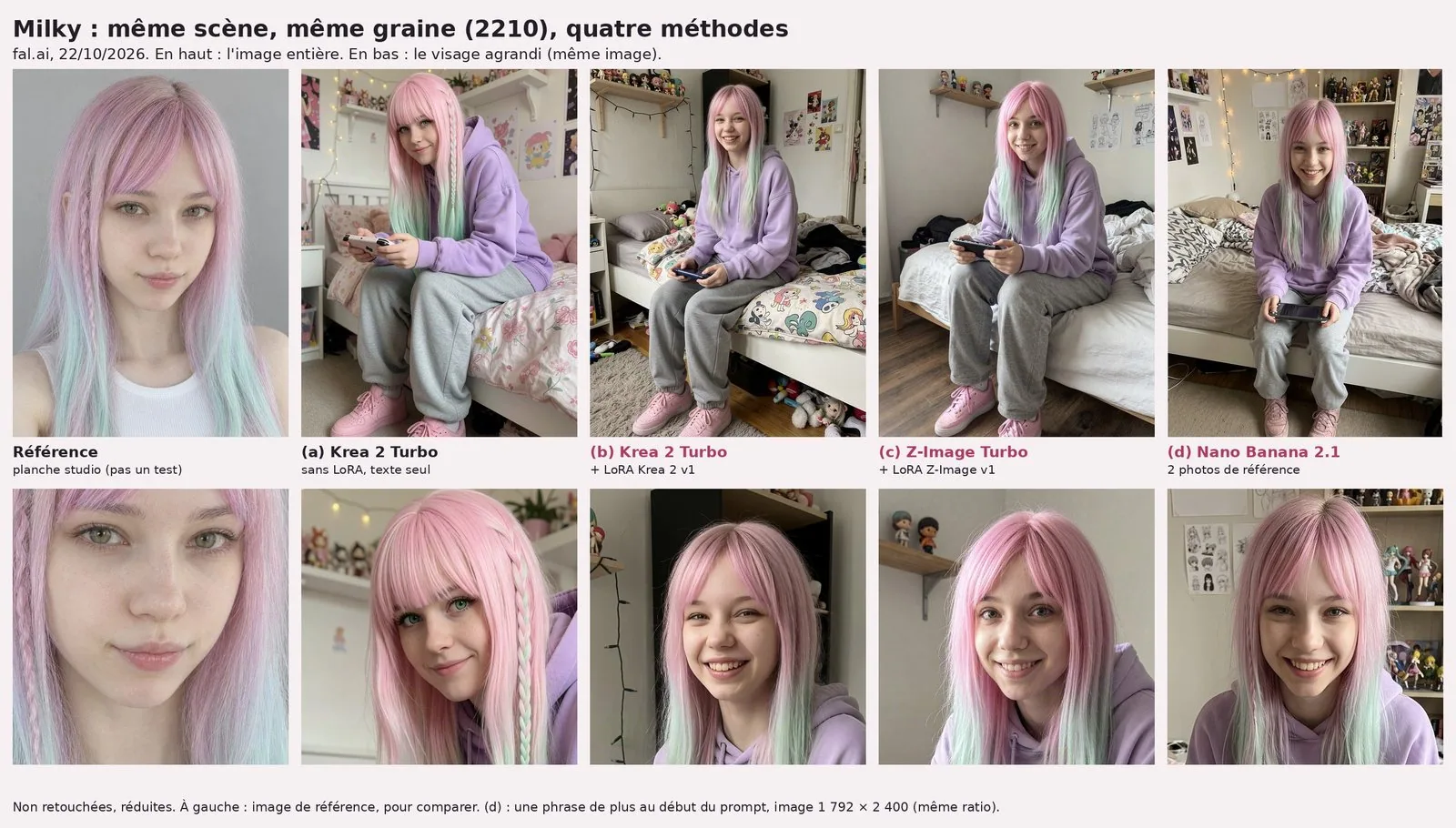 Planche titrée « Milky : même scène, même graine (2210), quatre méthodes ». Cinq colonnes. À gauche, « Référence » : portrait studio de Milky, jeune visage, cheveux rose pastel virant au vert menthe, frange, fine tresse sur le côté, yeux verts. Puis quatre photos dans une chambre avec étagères de figurines, guirlande lumineuse et dessins au mur ; Milky assise sur le bord de son lit, sweat à capuche lavande, pantalon de jogging gris et baskets roses, une console portable en main, souriante : (a) Krea 2 Turbo sans LoRA, tresse bien visible et yeux verts, visage différent de la référence ; (b) Krea 2 Turbo avec LoRA Krea 2 v1, sans tresse visible ; (c) Z-Image Turbo avec LoRA Z-Image v1, sans tresse visible ; (d) Nano Banana 2.1 avec deux photos de référence, une fine tresse discrète sur le côté, figurines au fond. Rangée du bas : les cinq visages agrandis. Légende en bas : pour (d), une phrase de plus au début du prompt et une image en 1 792 × 2 400.