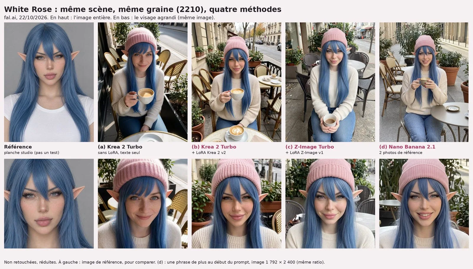Planche titrée « White Rose : même scène, même graine (2210), quatre méthodes ». Cinq colonnes. À gauche, « Référence » : portrait studio de White Rose, longs cheveux bleus à frange, oreilles d'elfe pointues, sans bonnet, t-shirt blanc, fond gris. Puis quatre photos de terrasse de café, la même jeune femme aux cheveux bleus en bonnet rose, pull crème et jean, une tasse de café à la main, oreilles d'elfe visibles sous le bonnet : (a) Krea 2 Turbo sans LoRA, visage plus rond, maquillage léger, taches de rousseur marquées ; (b) Krea 2 Turbo avec LoRA Krea 2 v2, regard maquillé, lèvres pleines ; (c) Z-Image Turbo avec LoRA Z-Image v1, assise de face, tasse tenue à deux mains ; (d) Nano Banana 2.1 avec deux photos de référence, sourire, ongles vernis rouges. Rangée du bas : les cinq visages agrandis. Légende en bas : pour (d), une phrase de plus au début du prompt et une image en 1 792 × 2 400.