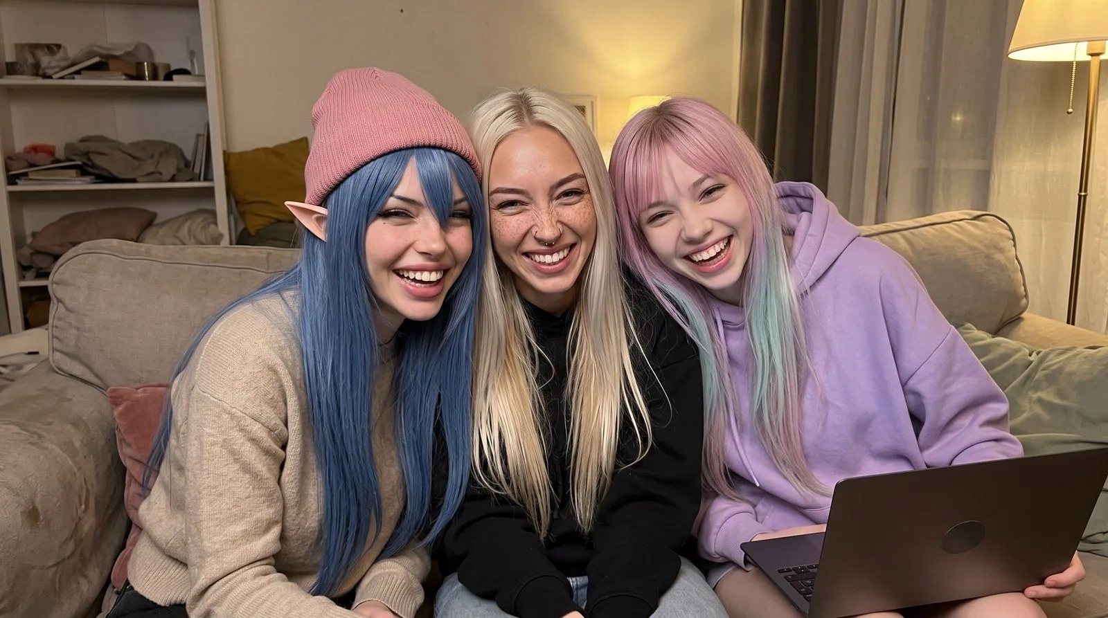 Illustration : les trois rédactrices côte à côte sur un canapé le soir, qui rient face à l'objectif : à gauche White Rose, cheveux bleus, bonnet rose et oreilles d'elfe ; au milieu Kira, cheveux blond platine, taches de rousseur, anneau au nez, sweat noir ; à droite Milky, cheveux rose pastel, sweat lavande, un ordinateur portable sur les genoux