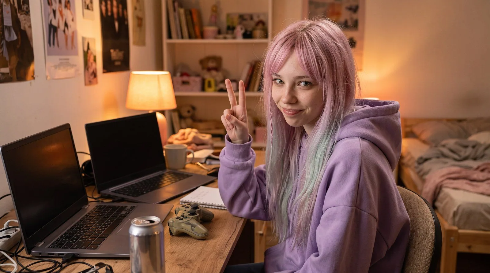 Illustration : Milky, longs cheveux rose pastel, sweat lavande trop grand, assise à un bureau entre deux ordinateurs portables éteints, une manette et une canette devant elle, se tourne vers l'objectif avec un sourire en coin et fait un V avec deux doigts ; lampe allumée, chambre le soir