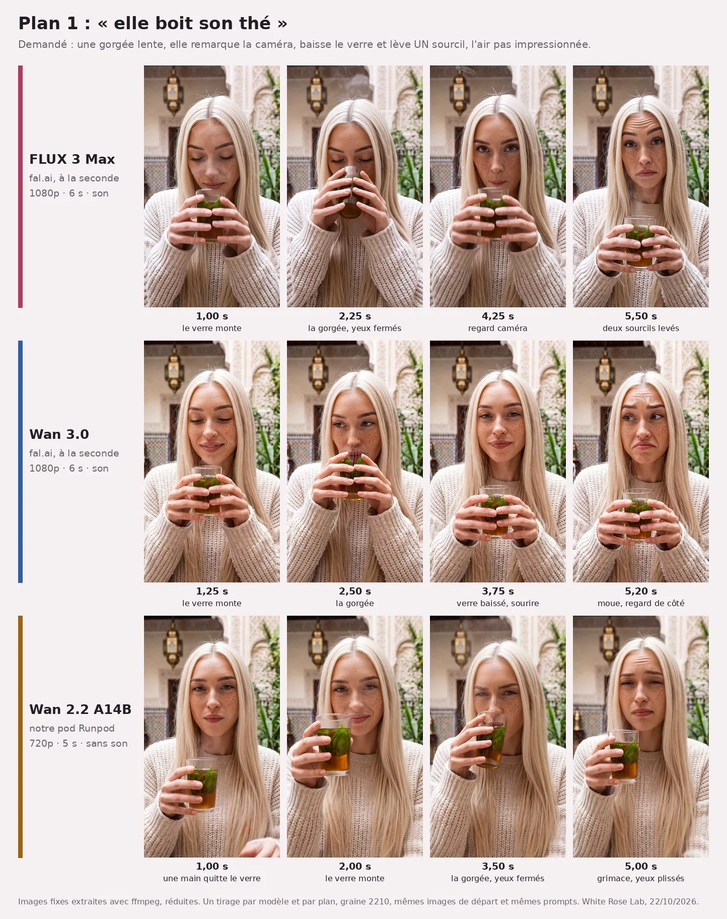 Planche sur fond rose pâle, titrée « Plan 1 : elle boit son thé ». Trois lignes de quatre images verticales de Kira, cheveux blond platine, taches de rousseur, pull crème, verre de thé à la menthe, dans une cour de riad. Ligne FLUX 3 Max : le verre monte (1,00 s), gorgée yeux fermés (2,25 s), regard caméra (4,25 s), deux sourcils levés et front plissé (5,50 s). Ligne Wan 3.0 : le verre monte (1,25 s), la gorgée (2,50 s), verre baissé et petit sourire (3,75 s), moue et regard de côté (5,20 s). Ligne Wan 2.2 : une main quitte le verre (1,00 s), le verre monte (2,00 s), gorgée yeux fermés (3,50 s), grimace yeux plissés (5,00 s).
