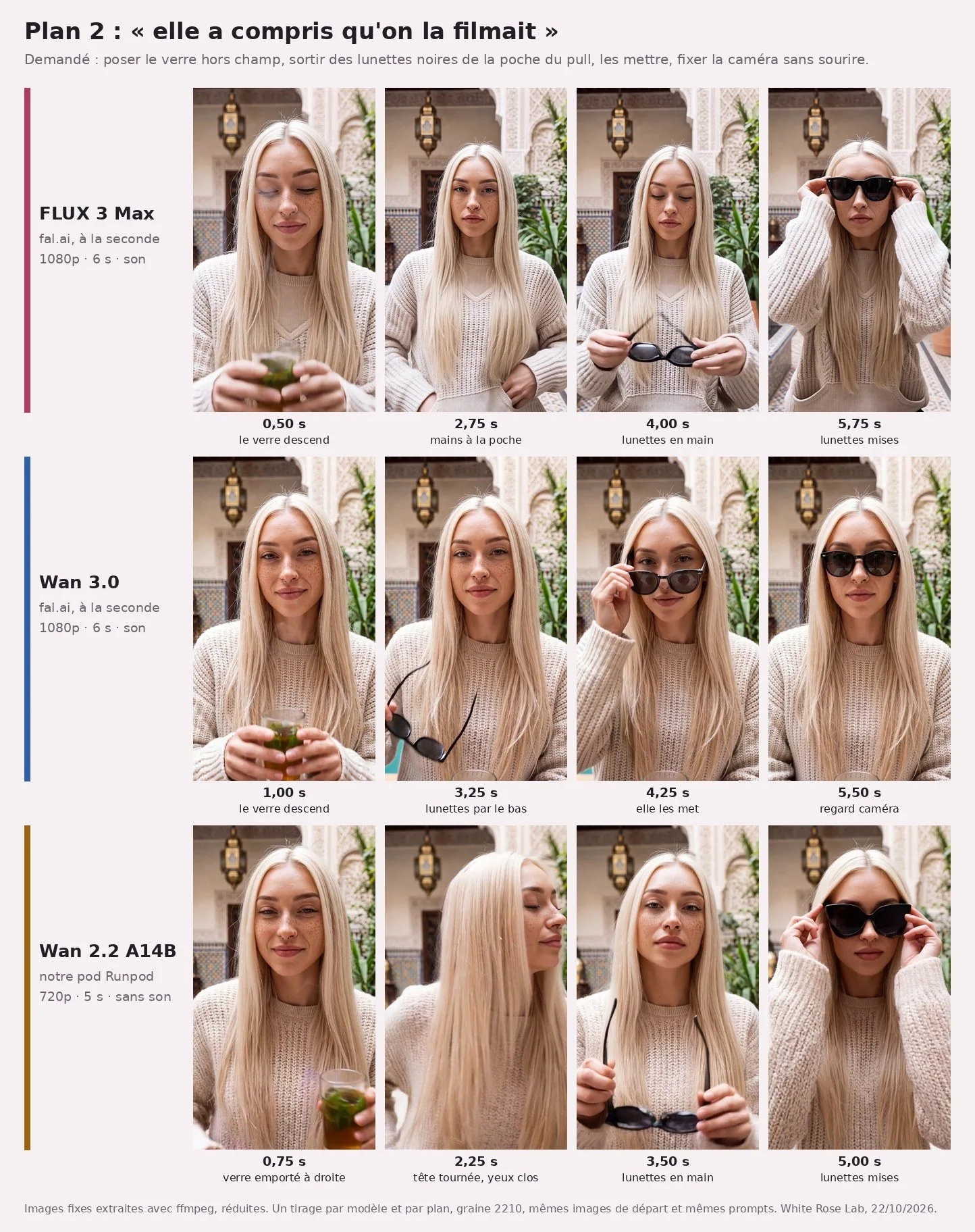 Planche sur fond rose pâle, titrée « Plan 2 : elle a compris qu'on la filmait ». Trois lignes de quatre images de Kira dans la cour du riad. Ligne FLUX 3 Max : le verre descend (0,50 s), mains à la poche du pull (2,75 s), lunettes noires en main (4,00 s), lunettes mises, mains sur les branches (5,75 s). Ligne Wan 3.0 : le verre descend (1,00 s), les lunettes entrent par le bas à gauche (3,25 s), elle les met (4,25 s), lunettes sur le nez, regard caméra (5,50 s). Ligne Wan 2.2 : une main emporte le verre à droite (0,75 s), tête tournée de profil, yeux fermés (2,25 s), lunettes en main (3,50 s), lunettes mises, mains dessus (5,00 s).