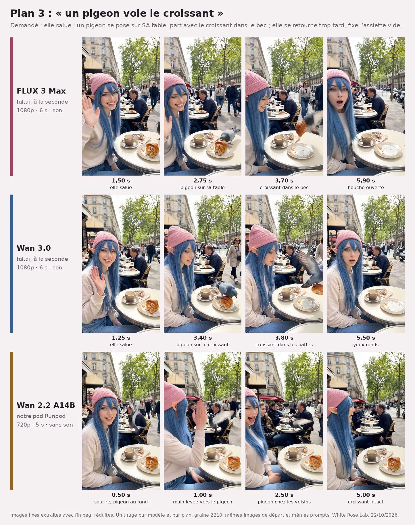 Planche sur fond rose pâle, titrée « Plan 3 : un pigeon vole le croissant », avec la consigne rappelée en sous-titre. Trois lignes de quatre images de White Rose, bonnet rose, cheveux bleus, oreilles d'elfe, à une terrasse de café parisienne. Ligne FLUX 3 Max : elle salue (1,50 s), pigeon sur sa table (2,75 s), le pigeon part avec le croissant dans le bec (3,70 s), bouche grande ouverte face à l'objectif (5,90 s). Ligne Wan 3.0 : elle salue (1,25 s), pigeon posé sur le croissant (3,40 s), il s'envole avec le croissant dans les pattes (3,80 s), yeux ronds, assiette vide (5,50 s). Ligne Wan 2.2 : sourire, un pigeon au fond (0,50 s), main levée vers le pigeon posé chez les voisins (1,00 s), elle rit, pigeon toujours chez les voisins (2,50 s), elle est tournée vers la rue, croissant intact dans l'assiette (5,00 s).
