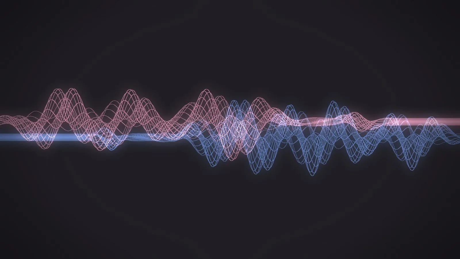 Deux faisceaux d'ondes, l'un rose, l'autre bleu, sur fond anthracite : le rose s'agite surtout à gauche, le bleu surtout à droite, et au centre les deux s'entremêlent et s'éclairent