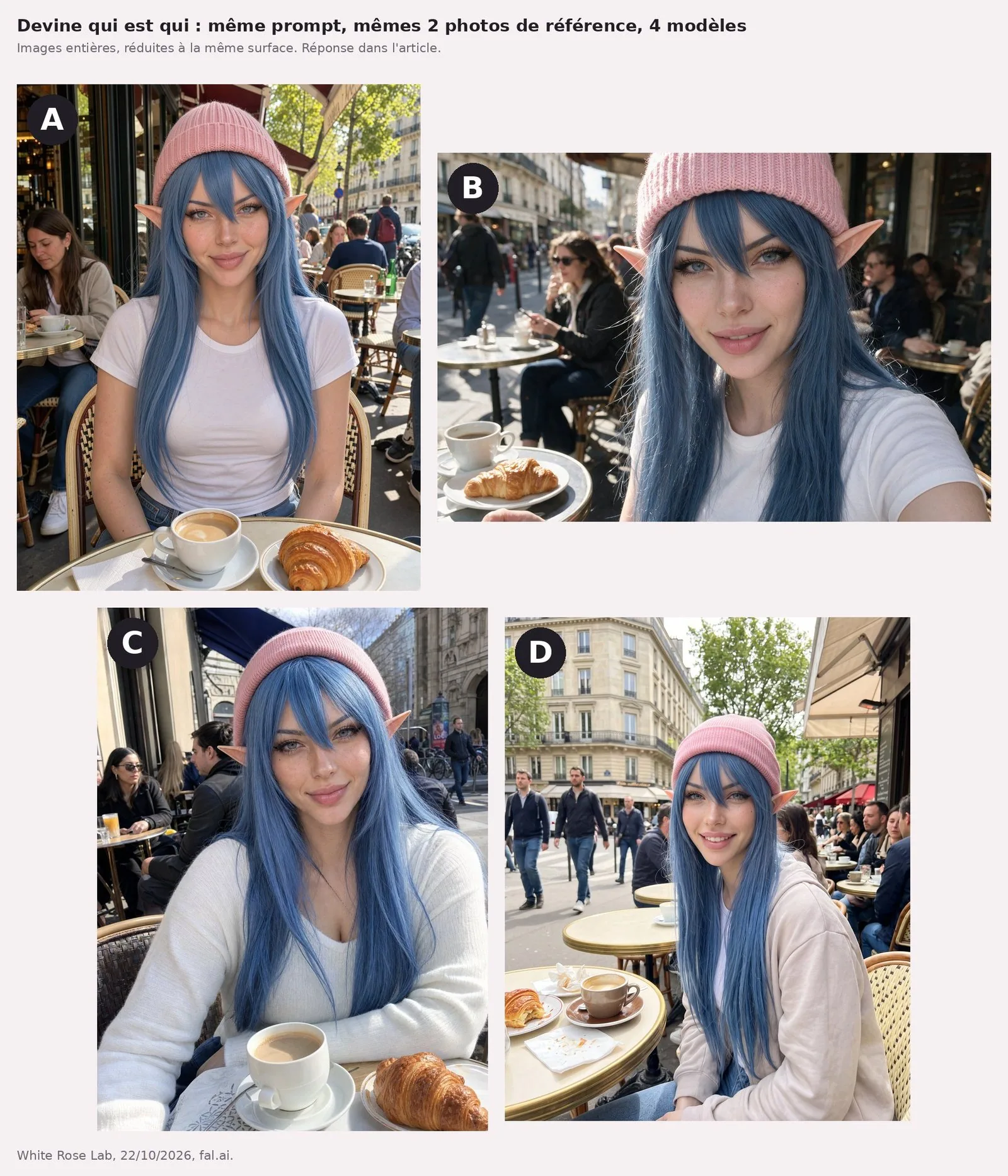 Planche de quatre photos de White Rose à une terrasse de café parisienne, étiquetées A, B, C, D. Partout : bonnet rose, oreilles d'elfe pointues, longs cheveux bleus, café et croissant. A, en portrait : face à l'objectif, t-shirt blanc, sourire bouche fermée, terrasse ensoleillée aux arbres verts. B, en paysage : gros plan en selfie, un bras tendu vers l'objectif, t-shirt blanc, terrasse et passants flous derrière, café et croissant à gauche. C, en portrait : cadrage serré, pull blanc à col en V, arbres sans feuilles, lumière dure. D, en portrait : assise de côté à droite, sweat beige à capuche, immeuble haussmannien et passants derrière.