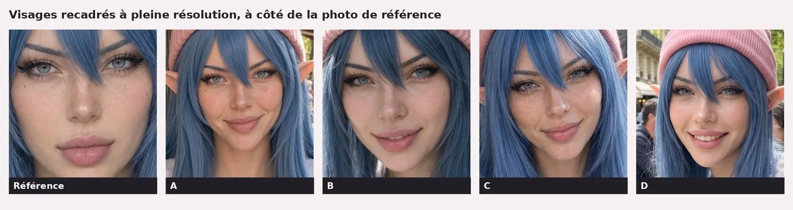 Bandeau de cinq visages en gros plan : à gauche, la photo de référence de White Rose, sans bonnet, visage neutre ; puis les visages A, B, C et D, tous avec bonnet rose (oreilles pointues coupées par le cadrage sur B), taches de rousseur et mèche bleue au milieu du visage ; A et C sourient bouche fermée, B et D montrent les dents.