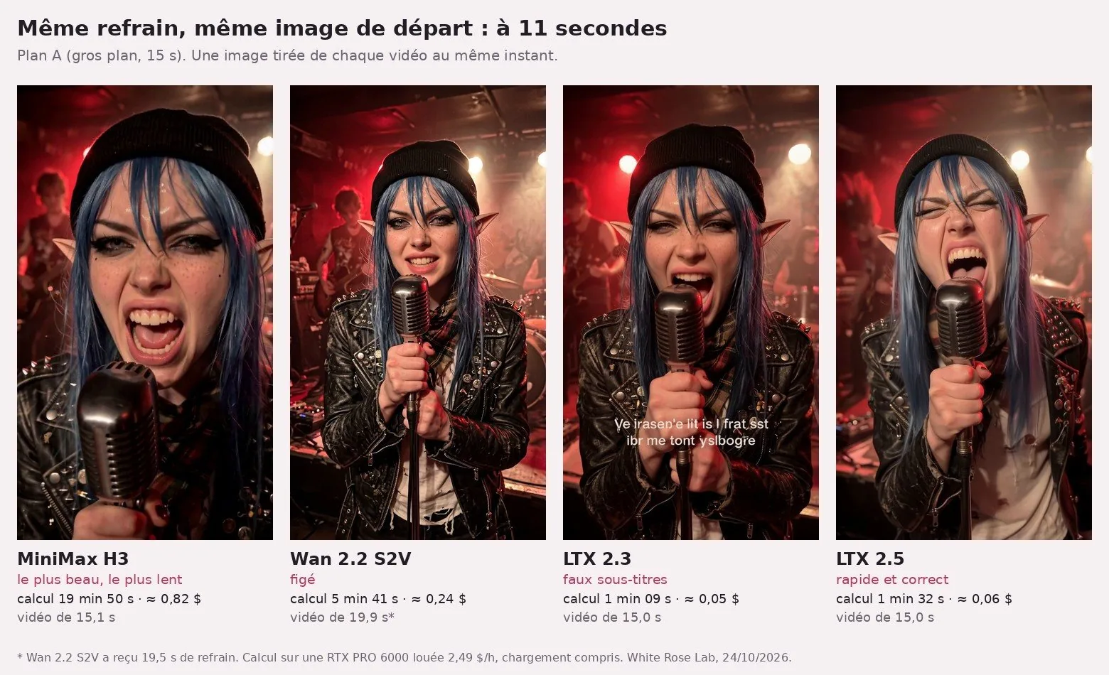 Planche de quatre images verticales de White Rose, bonnet noir, longs cheveux bleus, oreilles d'elfe, veste de cuir cloutée, micro chromé en main, sur une scène rouge avec des musiciens flous derrière, toutes tirées à 11 secondes du gros plan. MiniMax H3 : la caméra s'est rapprochée, le visage remplit le haut de l'image, bouche grande ouverte. Wan 2.2 S2V : cadrage identique à l'image de départ, petit sourire, micro devant la poitrine. LTX 2.3 : elle chante, et deux lignes de texte blanc en charabia sont incrustées sur sa veste : « Ve irasen'e iit is I frat sst / ibr me tont yslbogre ». LTX 2.5 : yeux plissés, elle hurle dans le micro, tête penchée. Sous chaque image : le nom du modèle, un verdict, le temps de calcul et le prix du plan.