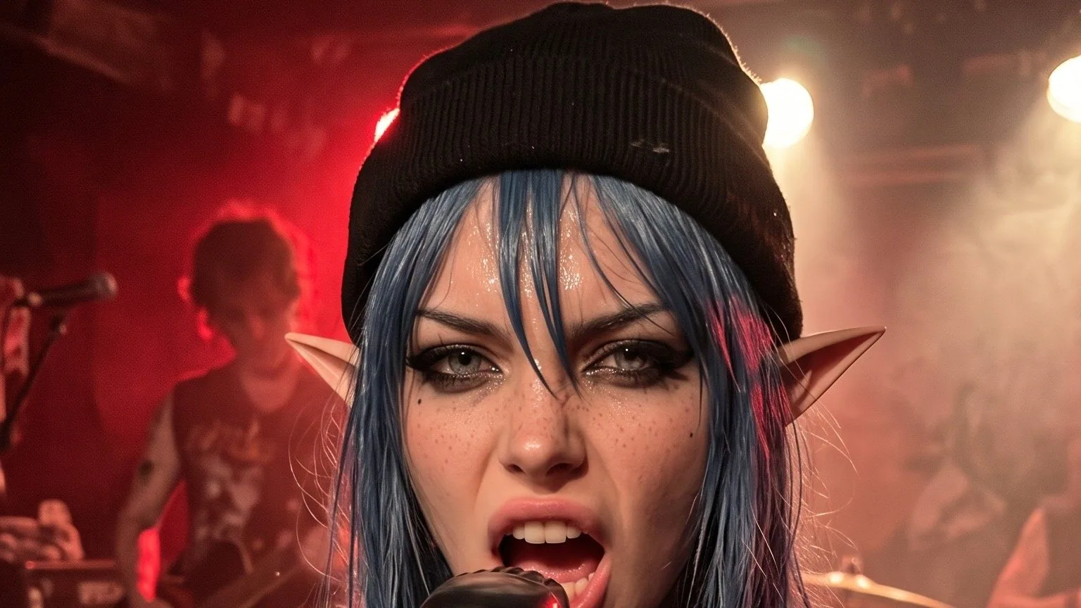 Gros plan de White Rose, bonnet noir, cheveux bleus mouillés, oreilles d'elfe, taches de rousseur, qui hurle bouche grande ouverte au-dessus d'un micro, dans une salle de concert éclairée en rouge, un guitariste flou derrière elle