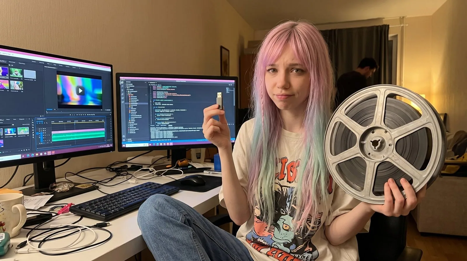 Photo mise en scène : Milky, à son bureau devant un écran de montage vidéo et un écran de code, tient une minuscule clé USB dans une main et une grosse bobine de film dans l'autre, l'air perplexe (image générée).