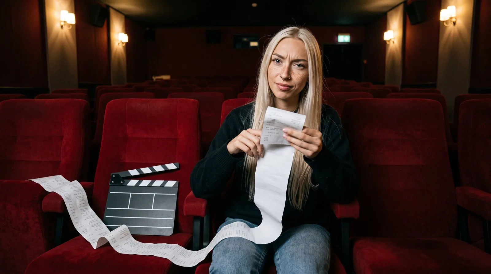 Kira seule dans une salle de cinéma vide, un long ticket de caisse déroulé jusqu'au siège voisin, un clap posé à côté d'elle
