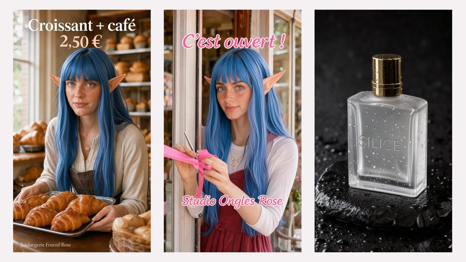 Trois visuels verticaux côte à côte, sans légende ajoutée. À gauche, une jeune femme aux longs cheveux bleus avec une frange et des oreilles d'elfe, en chemise écrue et tablier, tend un plateau de croissants dans une boulangerie ; en haut « Croissant + café 2,50 € », en bas « Boulangerie Fournil Rose ». Au milieu, la même jeune femme en robe rouge sur un tee-shirt blanc coupe un ruban rose sur le pas d'une porte de boutique, sous « C'est ouvert ! » et au-dessus de « Studio Ongles Rose ». À droite, un flacon de parfum en verre givré gravé « SILICE », bouchon doré, posé sur une pierre noire mouillée.