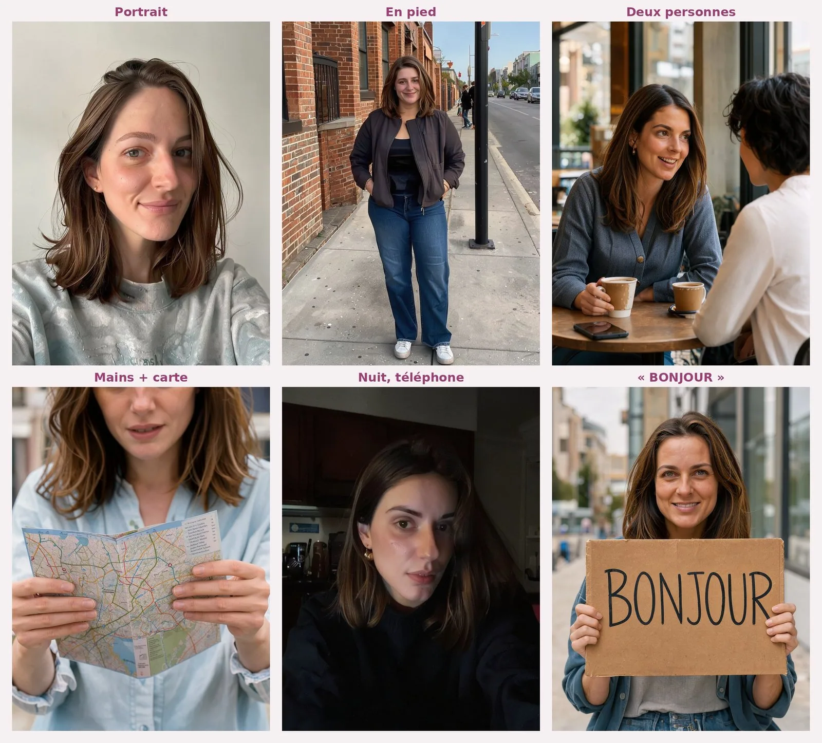 Planche de 2 lignes sur 3 colonnes, six photos d'une femme brune aux cheveux mi-longs. Portrait de face en sweat gris clair devant un mur clair ; en pied sur un trottoir le long d'un mur de briques, veste sombre zippée et jean large ; à une table de café face à une amie aux cheveux courts bouclés, vue de dos ; gros plan des mains qui tiennent une carte de ville dépliée, chemise bleu clair ; de nuit dans une cuisine sombre, le visage éclairé de côté par une lumière qu'on ne voit pas ; souriante, en veste en jean, elle tient un carton où « BONJOUR » est écrit au feutre noir.