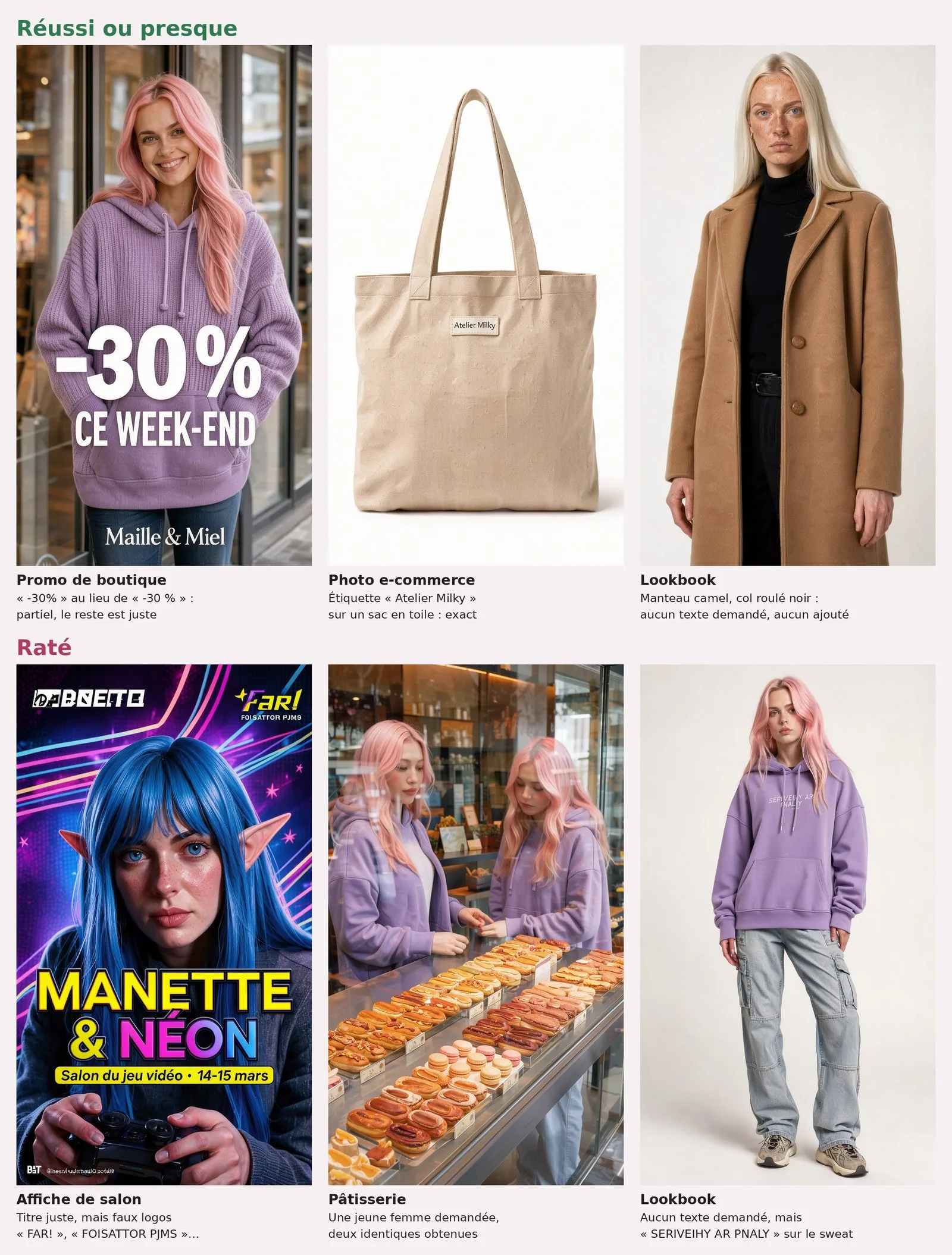 Planche de 2 lignes sur 3 colonnes, images FLUX.3 Klein. Ligne « Réussi ou presque » : une jeune femme aux cheveux roses en gros sweat à capuche lavande en maille devant une vitrine, « -30% CE WEEK-END » (sans l'espace demandée avant %, noté partiel) et « Maille & Miel » ; un sac en toile beige sur fond blanc avec une petite étiquette « Atelier Milky » ; une femme blonde aux taches de rousseur en manteau camel et col roulé noir sur fond clair. Ligne « Raté » : affiche néon d'une jeune femme aux cheveux bleus et oreilles d'elfe tenant une manette, titre « MANETTE & NÉON » juste, mais faux logos « FAR! », « FOISATTOR PJMS » et un logo illisible ; derrière une vitrine d'éclairs et de macarons, deux jeunes femmes identiques aux cheveux roses en sweat lavande ; une jeune femme aux cheveux roses en sweat lavande et pantalon cargo, avec « SERIVEIHY AR PNALY » imprimé sur le sweat.