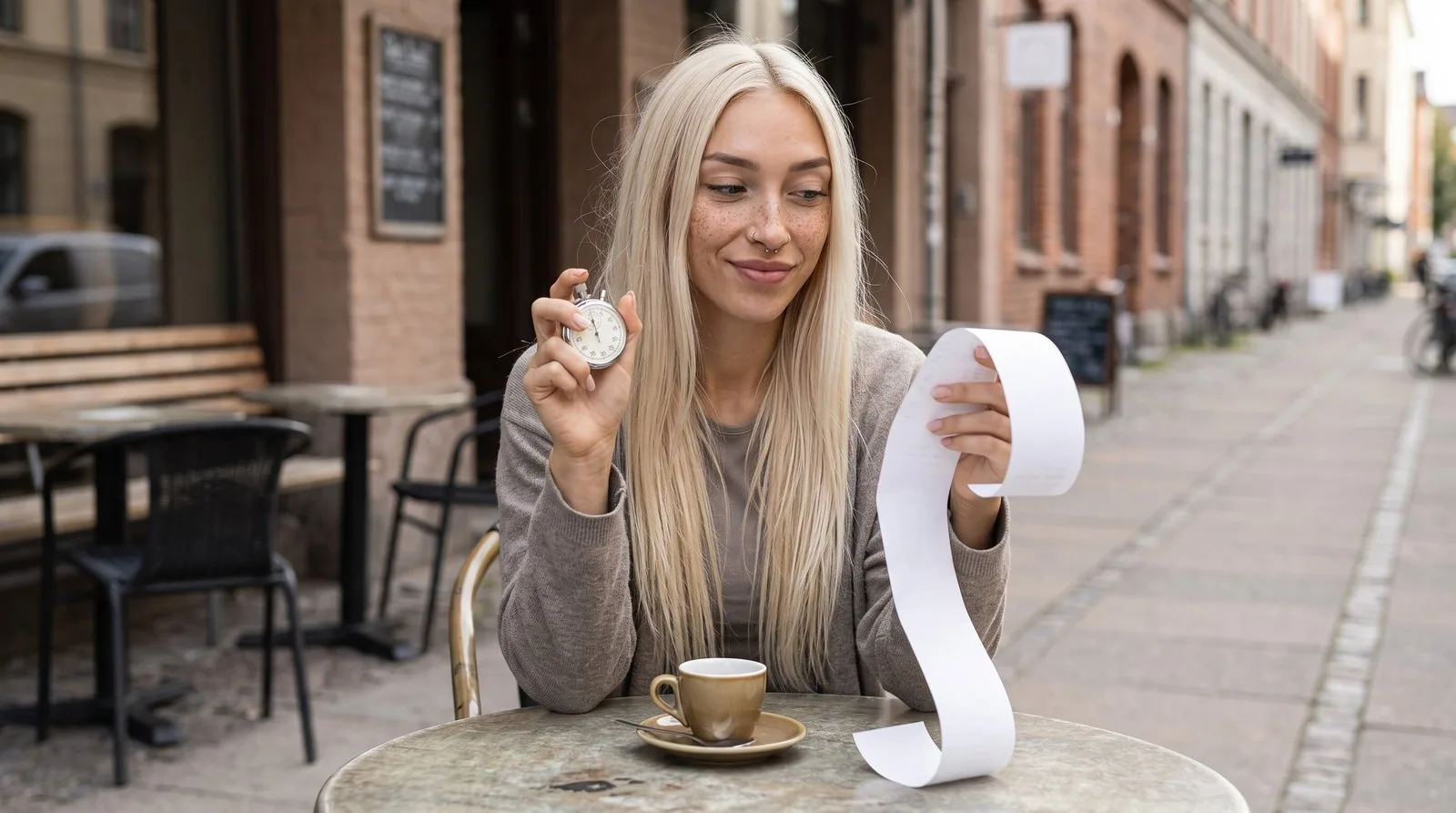 Kira à une terrasse de café, un chronomètre dans une main et un long ticket de caisse dans l'autre, un sourire en coin, un expresso sur la table