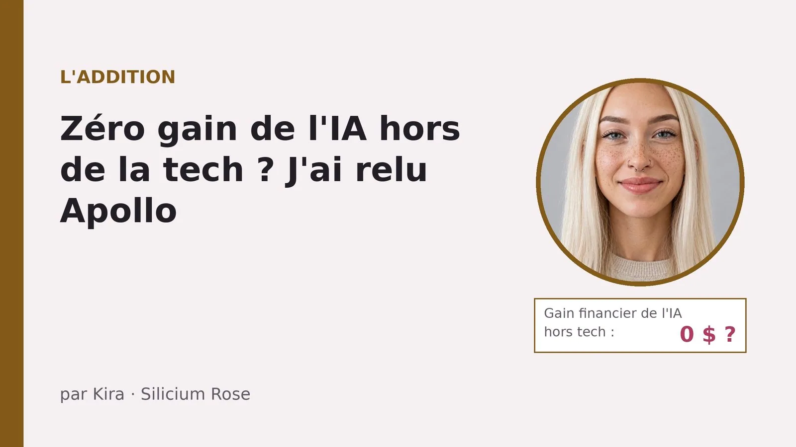 Carte de couverture sur fond rose pâle avec une bande dorée à gauche : « L'addition », le titre « Zéro gain de l'IA hors de la tech ? J'ai relu Apollo », signé par Kira ; à droite, le portrait de Kira, longs cheveux blond platine, taches de rousseur et anneau au nez, dans un cercle doré, au-dessus d'une étiquette blanche « Gain financier de l'IA hors tech : 0 $ ? »