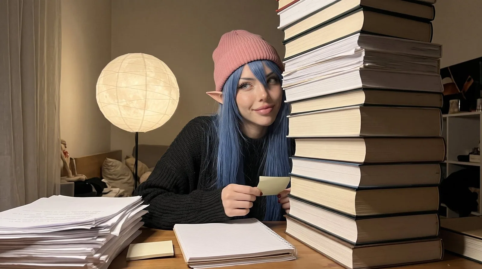 White Rose, la nuit, qui jette un œil derrière une pile de livres immense, une lampe ronde en forme de lune allumée derrière elle