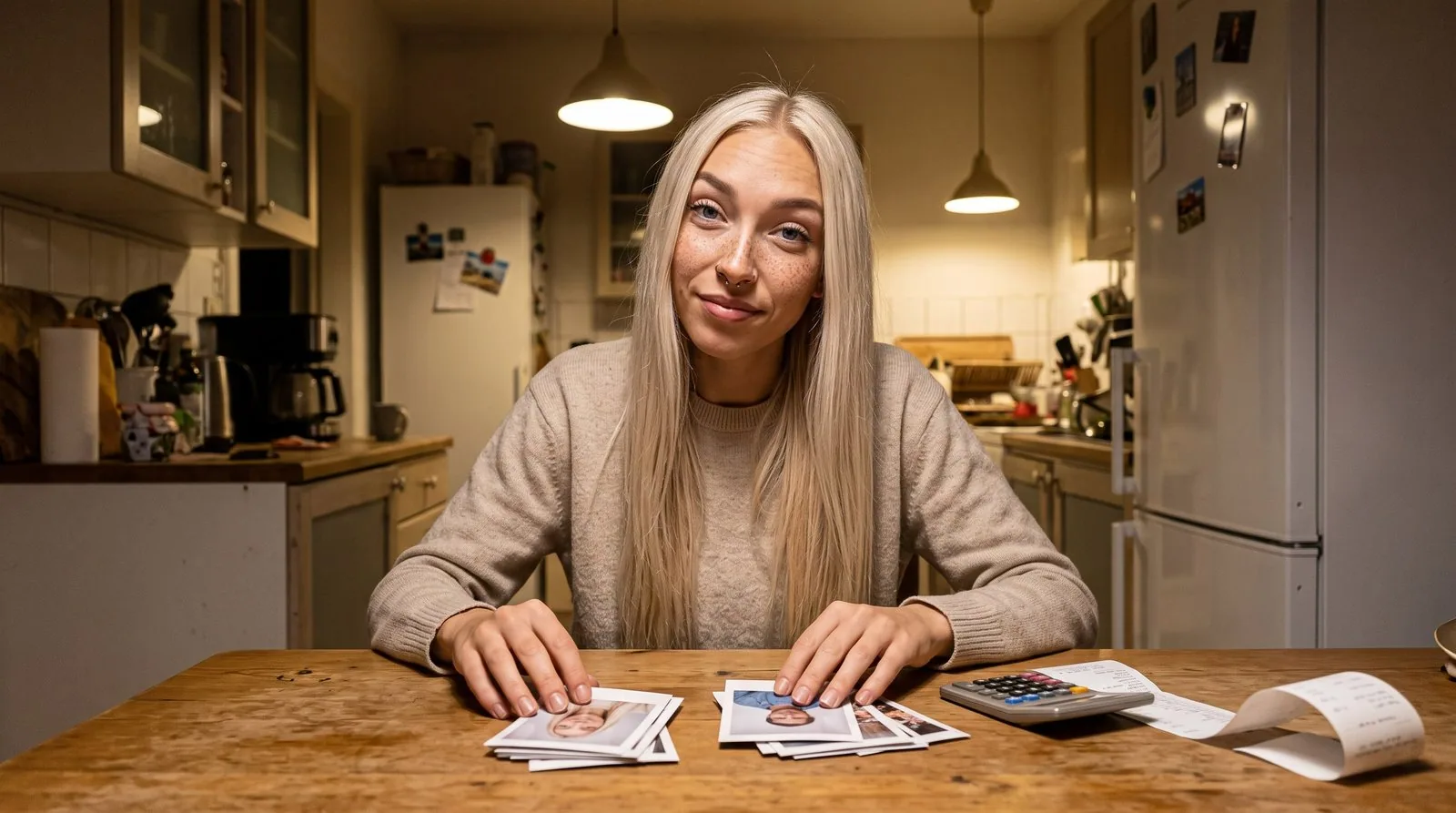 Illustration : Kira, longs cheveux blond platine, taches de rousseur, anneau au septum, pull beige, assise de nuit à une table de cuisine en bois sous deux suspensions allumées. Elle regarde l'objectif, un demi-sourire en coin. Devant elle, deux piles de photos imprimées : sur celle de gauche, une femme blonde ; sur celle de droite, un visage brun en chemise bleue qui n'est pas le sien. À droite, une calculatrice et un long ticket de caisse qui s'enroule au bord de la table, à l'écriture illisible. Au fond, deux réfrigérateurs couverts de photos aimantées.