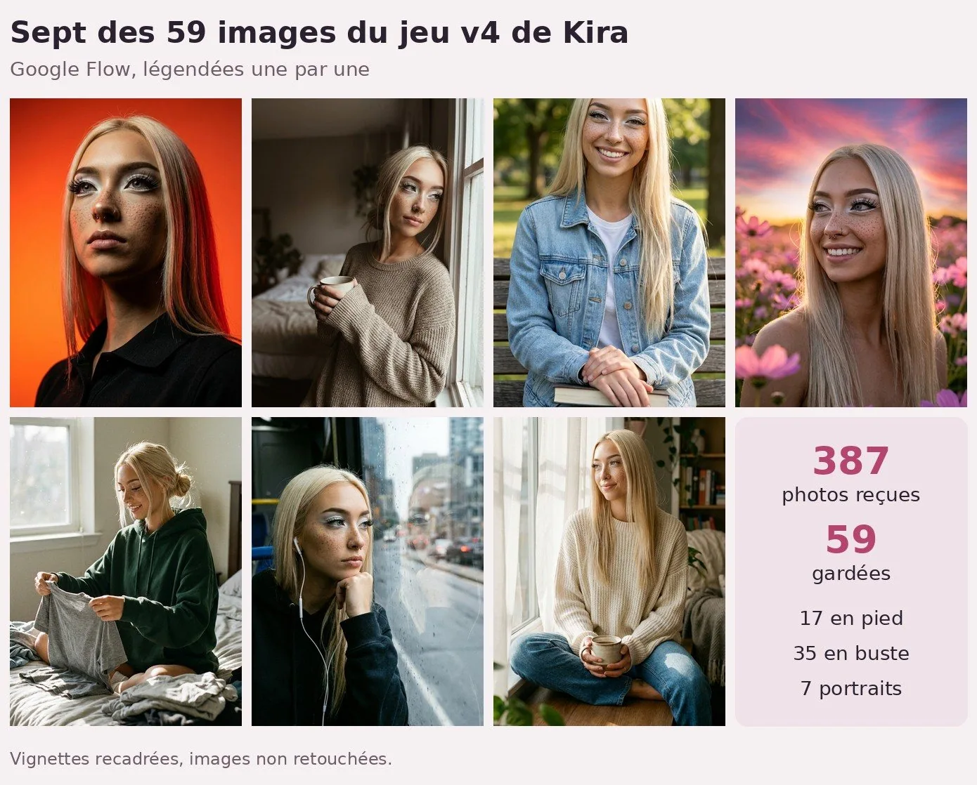 Planche sur fond rose pâle titrée « Sept des 59 images du jeu v4 de Kira ». Sept photos de Kira, cheveux blond platine, fard blanc autour des yeux, faux cils, taches de rousseur, anneaux au nez : portrait studio sur fond orange, polo noir ; debout à la fenêtre d'une chambre, une tasse à la main, pull beige ; assise sur un banc de parc, veste en jean, un livre sur les genoux ; dans un champ de fleurs roses au coucher du soleil, épaules nues ; assise sur un lit, sweat vert, en train de plier du linge ; dans un bus, écouteurs filaires, le menton sur la main, la rue floue derrière la vitre mouillée ; assise en tailleur sur un rebord de fenêtre, pull crème et jean, une tasse à la main. Une case texte : 387 photos reçues, 59 gardées, 17 en pied, 35 en buste, 7 portraits.