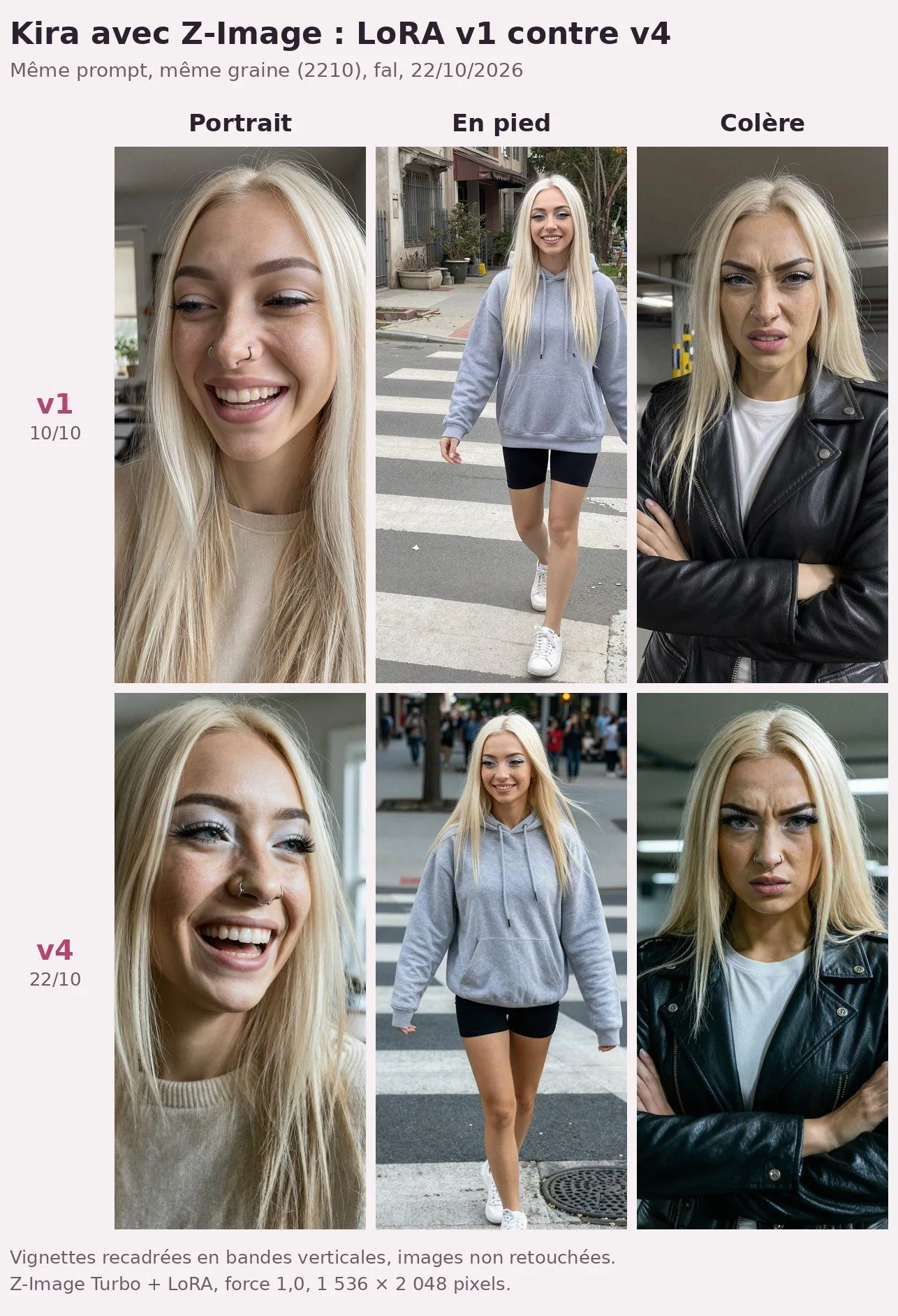 Planche titrée « Kira avec Z-Image : LoRA v1 contre v4 ». Rangée v1 (10/10) : portrait qui rit, fard presque invisible, deux anneaux au nez ; en pied sur un passage piéton, sweat gris, cuissard noir, baskets blanches visibles, fard blanc et faux cils ; colère dans un parking, sourcils froncés, rides du front. Rangée v4 (22/10) : portrait qui rit, fard blanc et faux cils ; en pied sur un passage piéton, passants au fond, baskets visibles ; colère, sourcils froncés, rides du front, fard blanc.