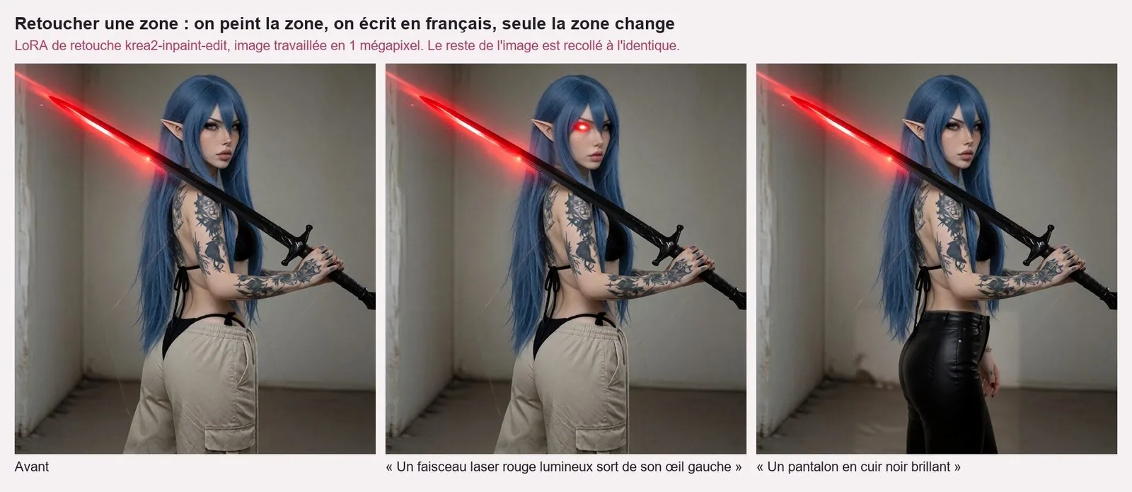 Planche de trois images de White Rose, de trois quarts dos, épée noire à la lame rouge vif sur l'épaule. « Avant » : pantalon cargo beige, haut de maillot noir. « Un faisceau laser rouge lumineux sort de son œil gauche » : même image, l'œil situé à gauche sur l'image rouge incandescent. « Un pantalon en cuir noir brillant » : même image, pantalon en cuir noir taille haute, et une main en trop le long de la hanche.