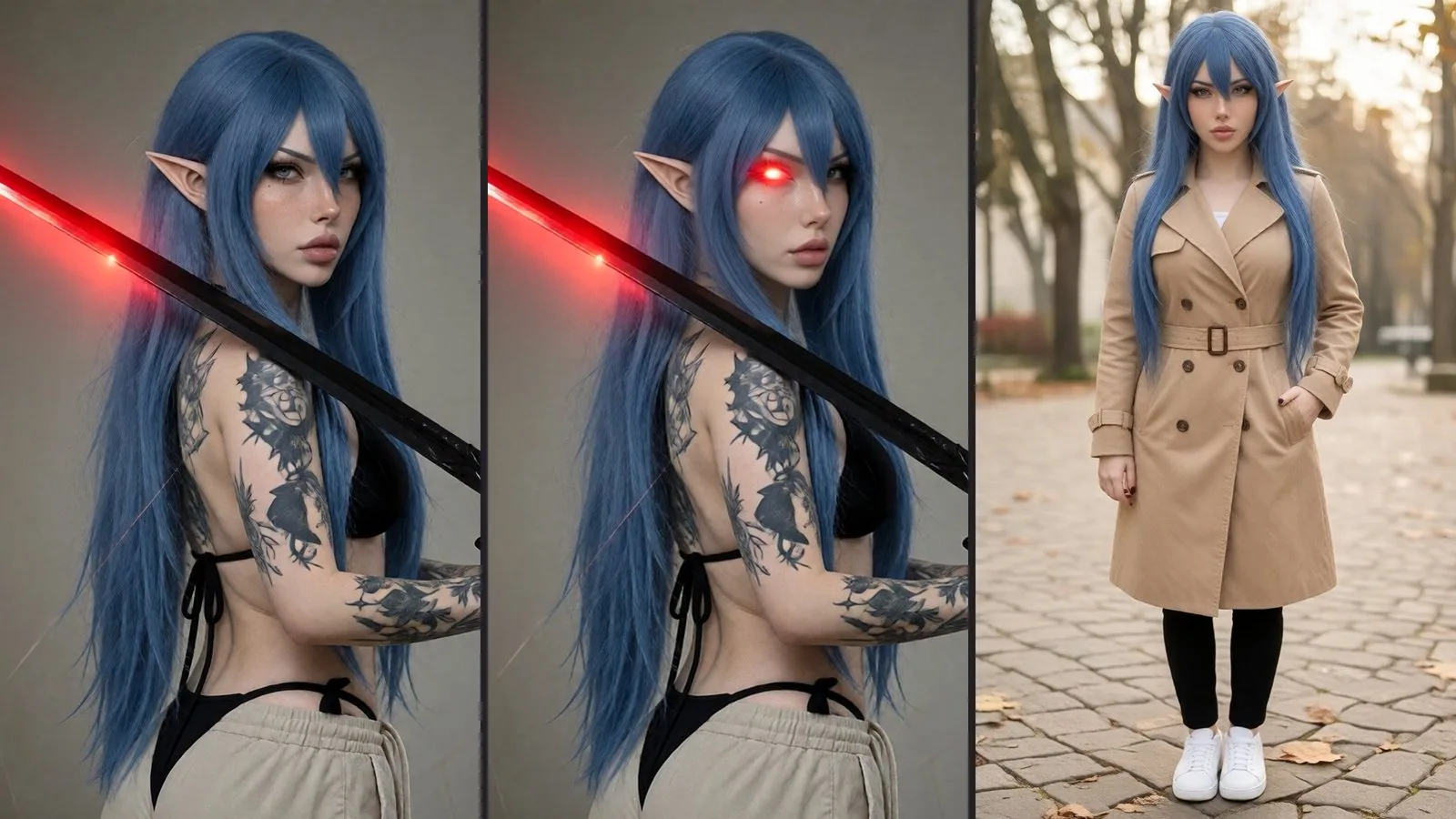 Trois images de White Rose générées en local : au katana, de trois quarts dos ; la même retouchée avec un œil laser rouge ; en trench beige dans une allée de parc