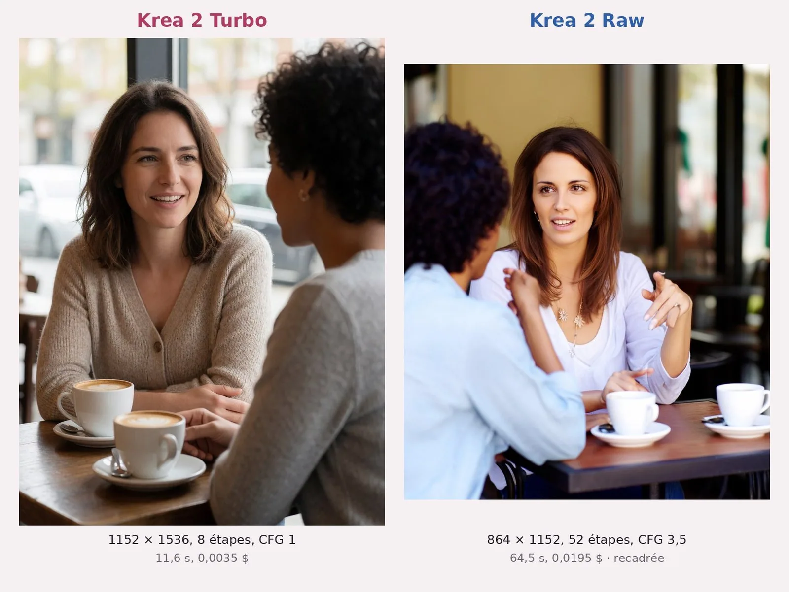 Deux scènes de café. À gauche, Turbo : devant une baie vitrée, une femme en gilet beige sourit à une amie aux cheveux bouclés vue de dos ; deux cappuccinos. À droite, Raw : en terrasse au soleil, une femme en chemise blanche parle avec les mains à une amie en chemise bleu ciel vue de dos ; deux tasses blanches.