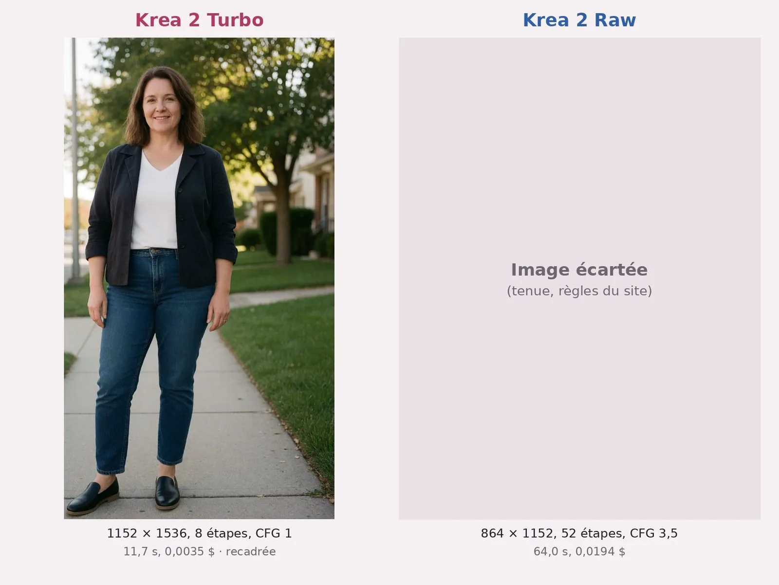 À gauche, Turbo : une femme en pied sur un trottoir bordé de pelouse, veste sombre, t-shirt blanc, jean, mocassins noirs, arbre et maisons derrière elle. À droite, une case grise « Image écartée (tenue, règles du site) ».