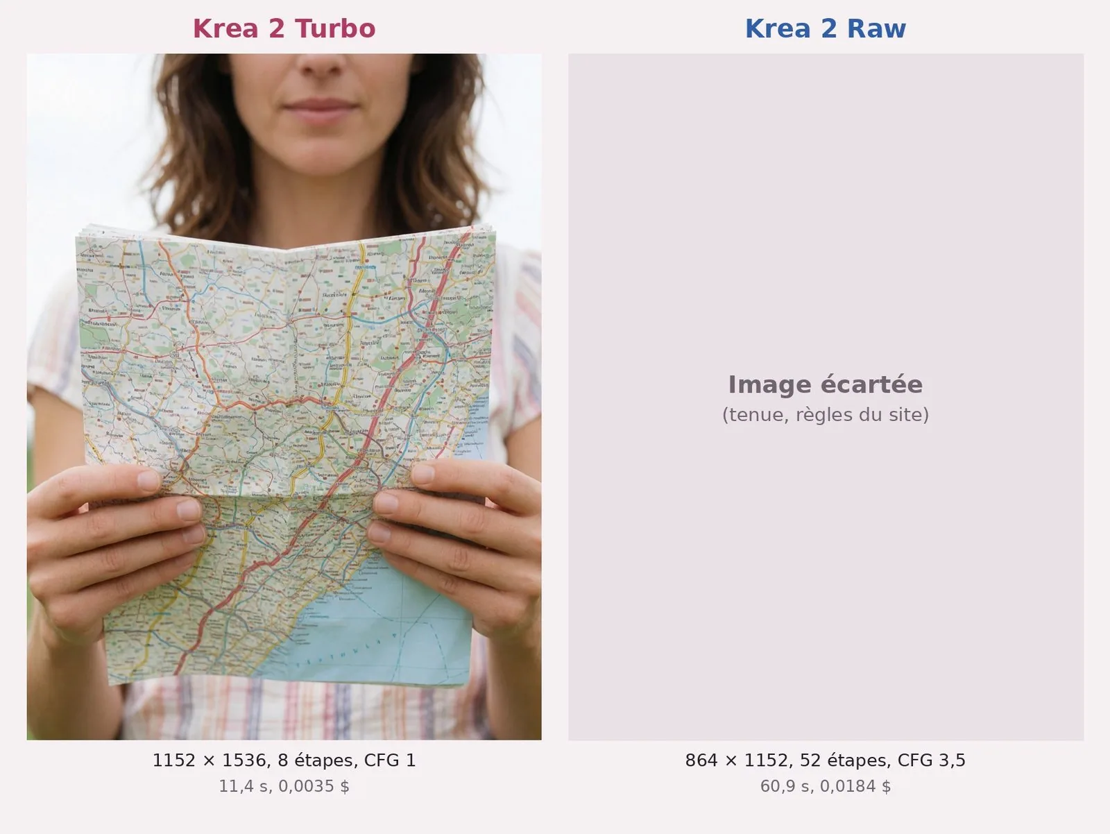 Deux photos de carte routière. À gauche, Turbo : vue de face, deux mains tiennent une carte dépliée devant un haut à rayures, le bas du visage au-dessus. À droite, une case grise « Image écartée (tenue, règles du site) ».