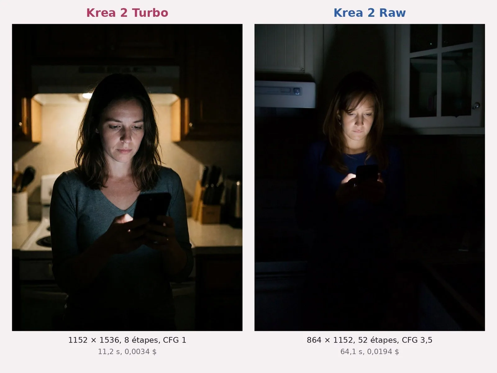 Deux scènes de nuit dans une cuisine. À gauche, Turbo : une femme en t-shirt gris-bleu regarde son téléphone ; la lampe de la hotte éclaire le plan de travail derrière elle. À droite, Raw : cuisine presque noire, le visage éclairé par le seul écran du téléphone.