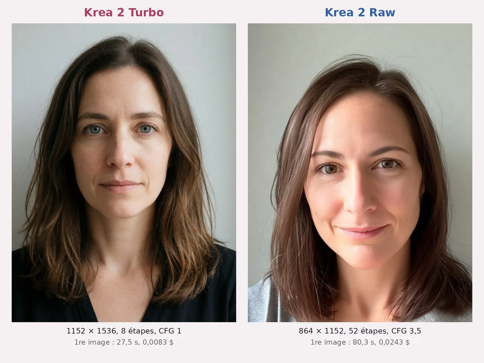 Deux portraits de face d'une femme aux cheveux bruns mi-longs. À gauche, Turbo : lumière douce, mur gris clair, haut noir à col en V, visage sérieux. À droite, Raw : cadrage plus serré, façon selfie, léger sourire, haut gris, mur gris-vert.