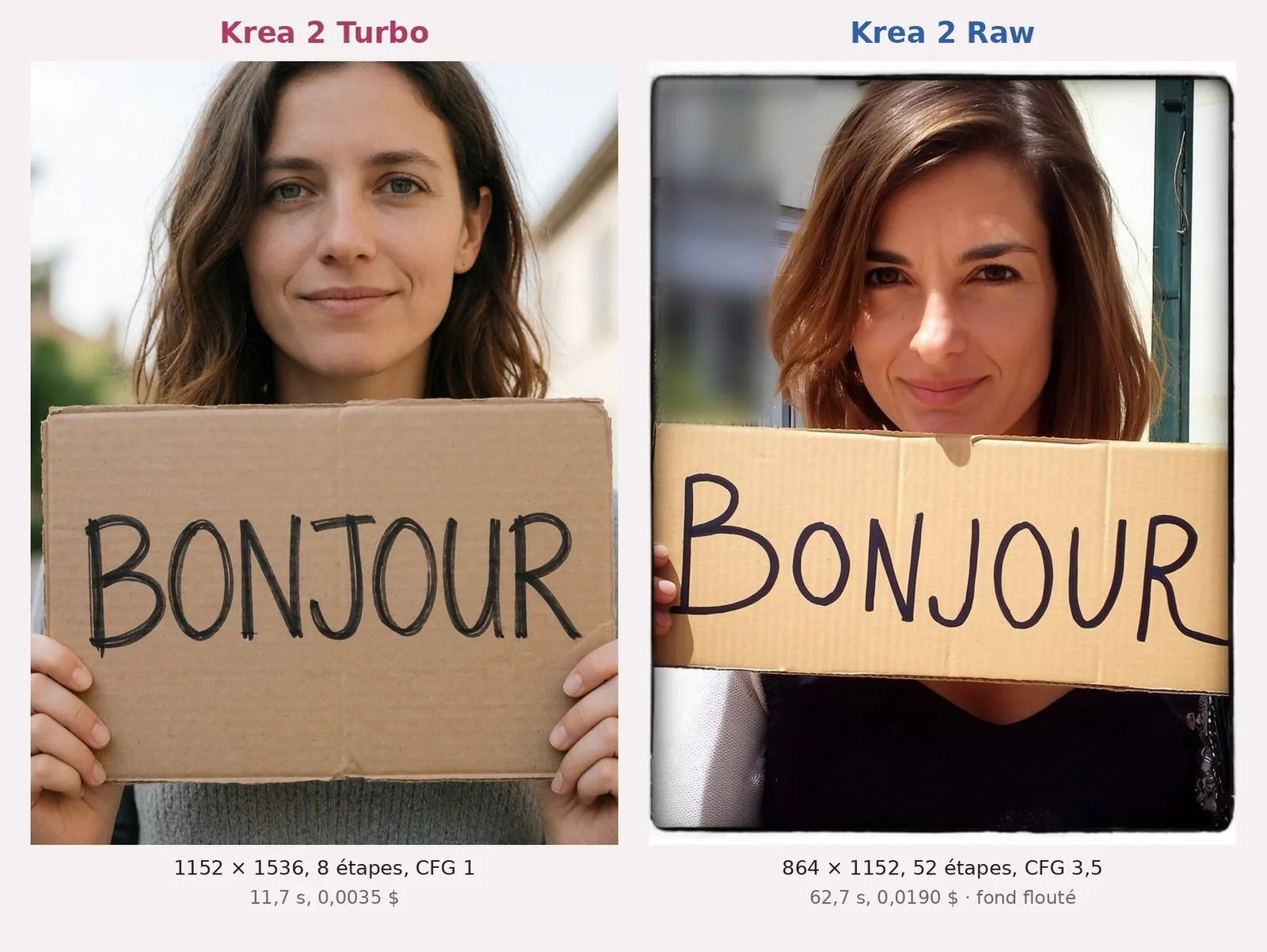 Deux pancartes en carton « BONJOUR ». À gauche, Turbo : une femme en pull gris tient le carton à deux mains, maison floue derrière. À droite, Raw : une femme sourit au-dessus du carton ; toute la photo est entourée d'un bord noir aux coins arrondis et d'une fine marge blanche, comme un vieux tirage photo.