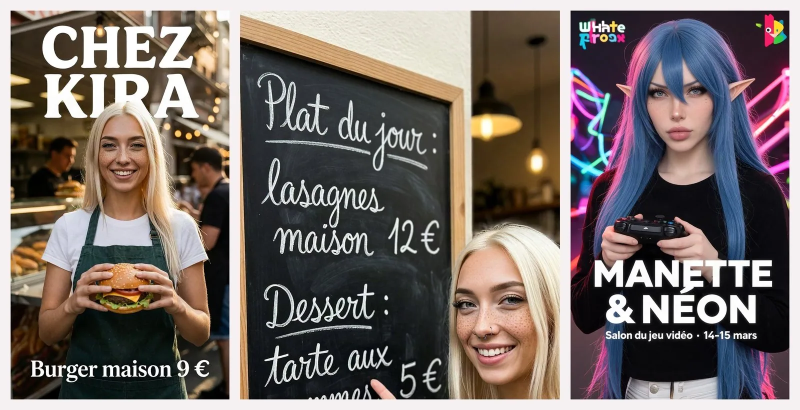 Trois visuels verticaux côte à côte. À gauche, une jeune femme blonde platine aux taches de rousseur, deux anneaux au nez, t-shirt blanc et tablier vert, tient un burger devant un stand de rue ; en haut « CHEZ KIRA », en bas « Burger maison 9 € ». Au milieu, un menu à la craie dans un cadre en bois : « Plat du jour : lasagnes maison 12 € », « Dessert : tarte aux », le mot suivant coupé par le recadrage, « 5 € » ; la même jeune femme sourit en bas à droite, seul son visage est visible. À droite, une femme aux longs cheveux bleus et aux oreilles pointues, haut noir à manches longues, tient une manette noire devant des néons ; « MANETTE & NÉON », « Salon du jeu vidéo · 14-15 mars », et deux faux logos colorés en haut.