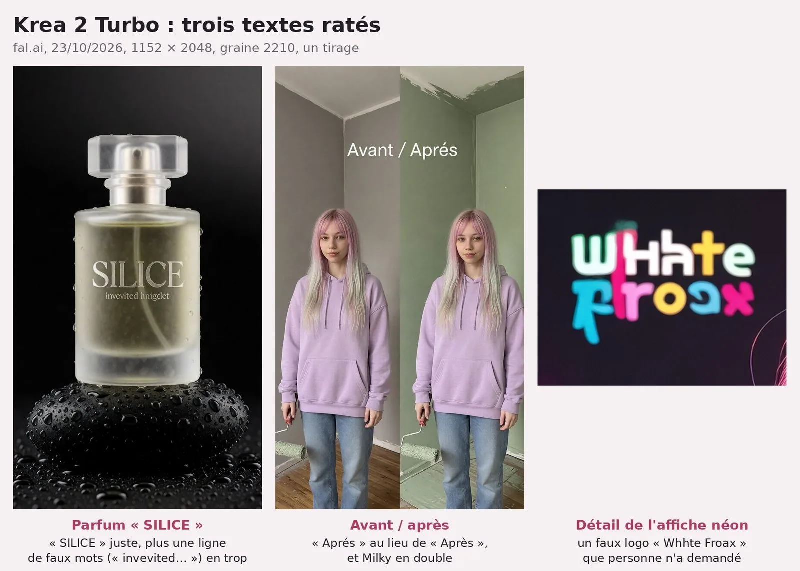 Planche titrée « Krea 2 Turbo : trois textes ratés ». À gauche, un flacon de parfum givré sur une pierre noire mouillée, gravé « SILICE », avec une seconde ligne « invevited i…igclet » en petites lettres. Au milieu, une image coupée en deux, pièce grise à gauche, vert sauge à droite, la même jeune femme aux cheveux roses en sweat lavande et jean dans chaque moitié, un rouleau de peinture à la main, et le titre « Avant / Aprés ». À droite, agrandi, un logo multicolore « Whhte Froax » sur fond sombre.