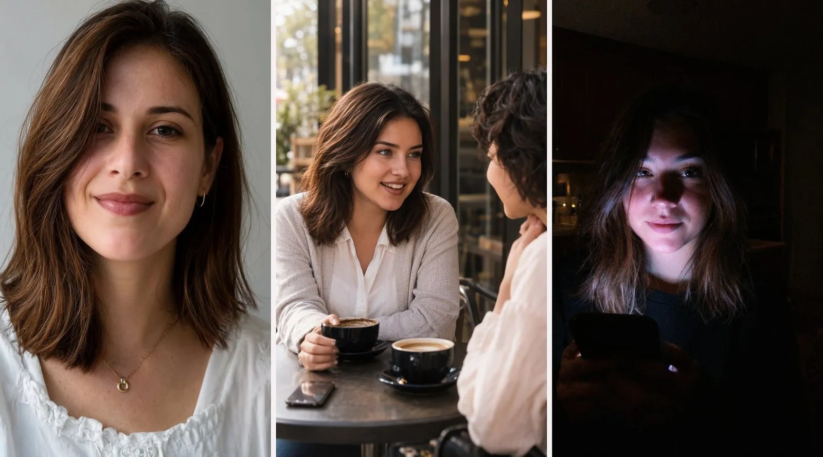 Trois images générées par MOSS Image côte à côte : une femme brune en chemisier blanc, en portrait devant un mur gris clair ; deux femmes qui discutent à une table de café ; une femme la nuit, le visage éclairé par l'écran de son téléphone